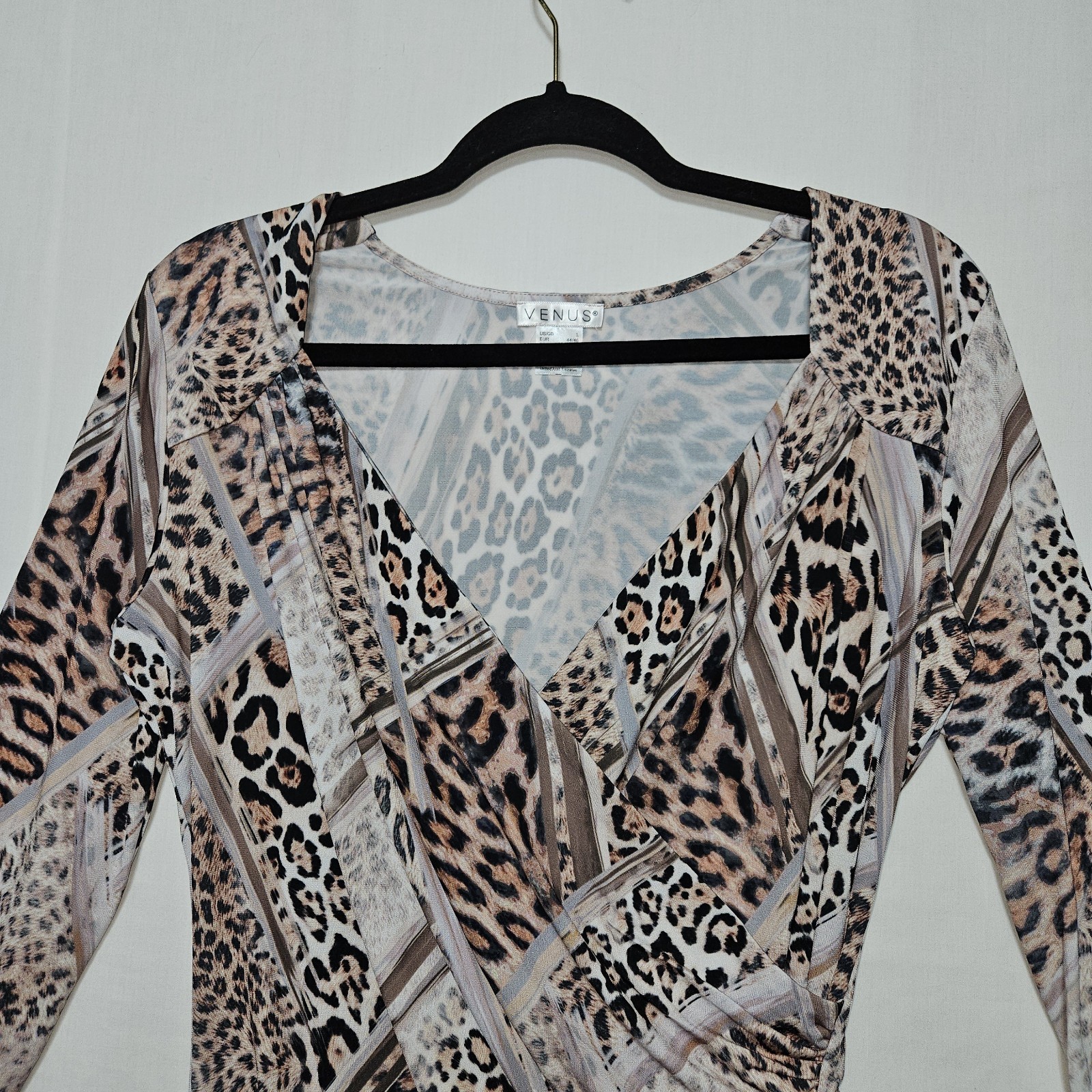 Venus Animal Print Wrap Top Womens Large Leopard V Neck Ruched Peplum Blouse 90s