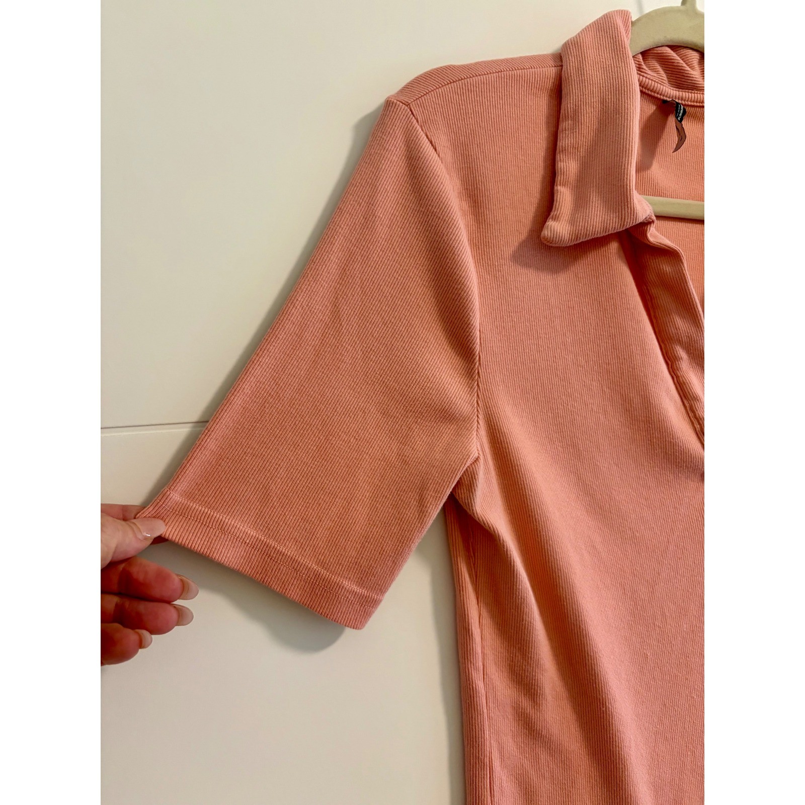 American Giant Women Peach Ribbed V-Neck Polo Shirt Short Sleeve Soft Size L USA