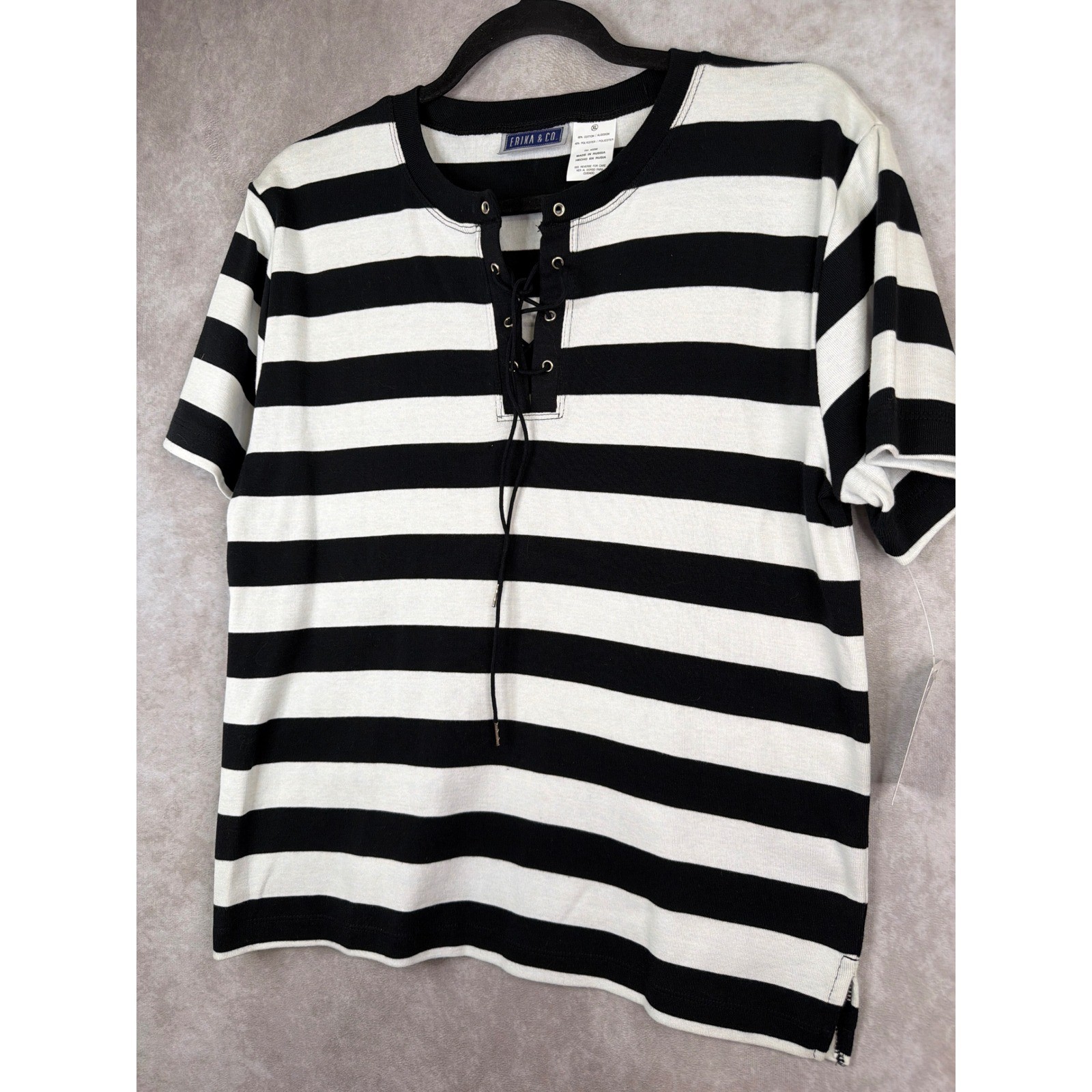 NWT Y2K Erika & Co Womens XL Black White Striped Lace Up Henley Short Sleeve Top