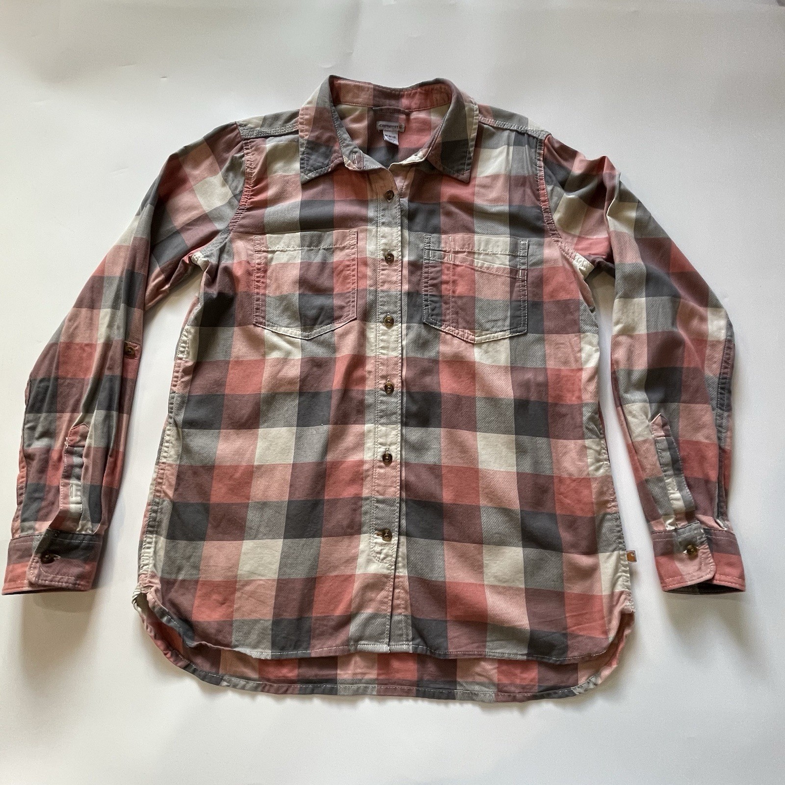 Carhartt Women M Fairview Plaid Long Sleeve Button Down Shirt Pink Gray Roll Tab