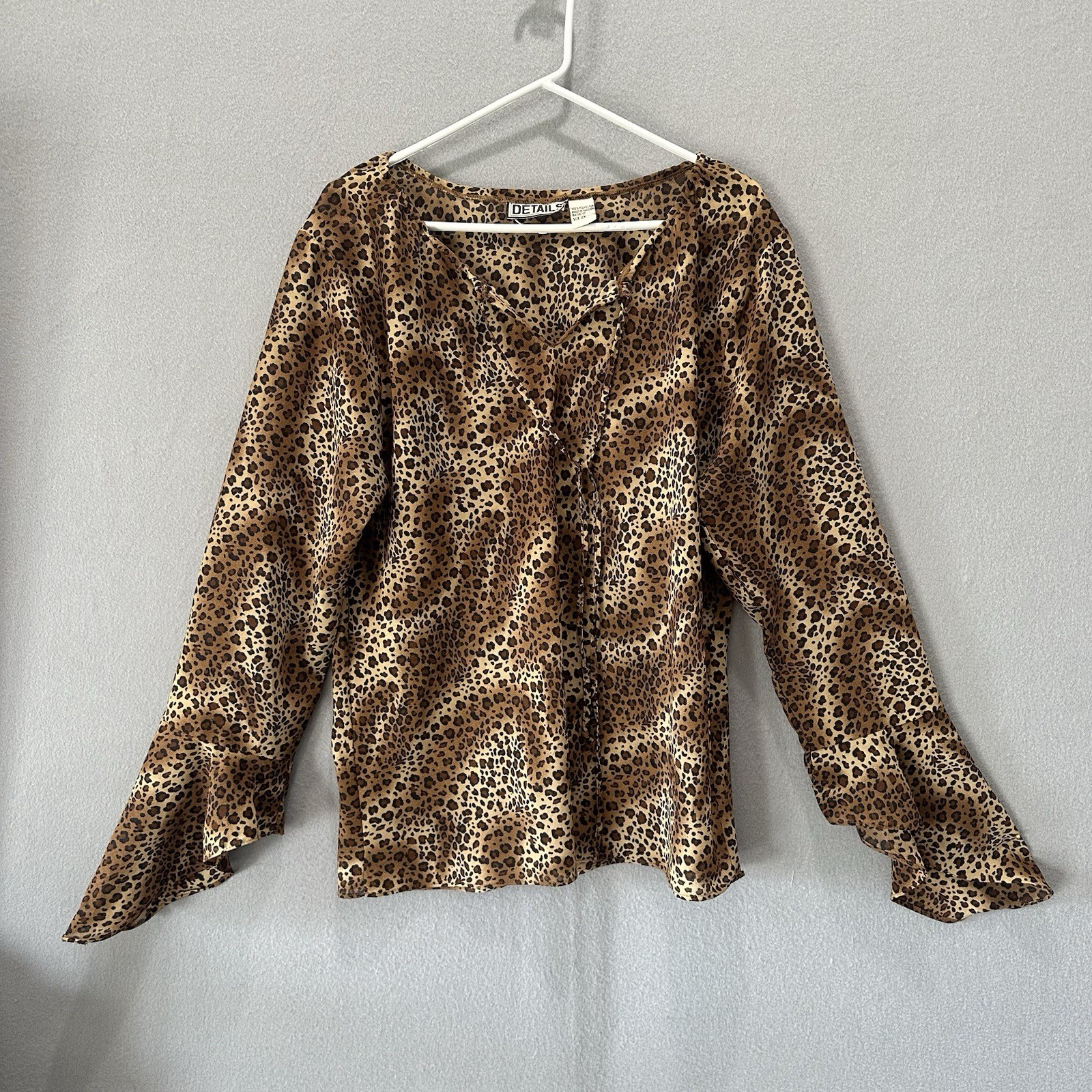 VTG Y2K 90s Leopard Print Sheer Top Sz 2X Bell Sleeve Tie Neck Mob Wife