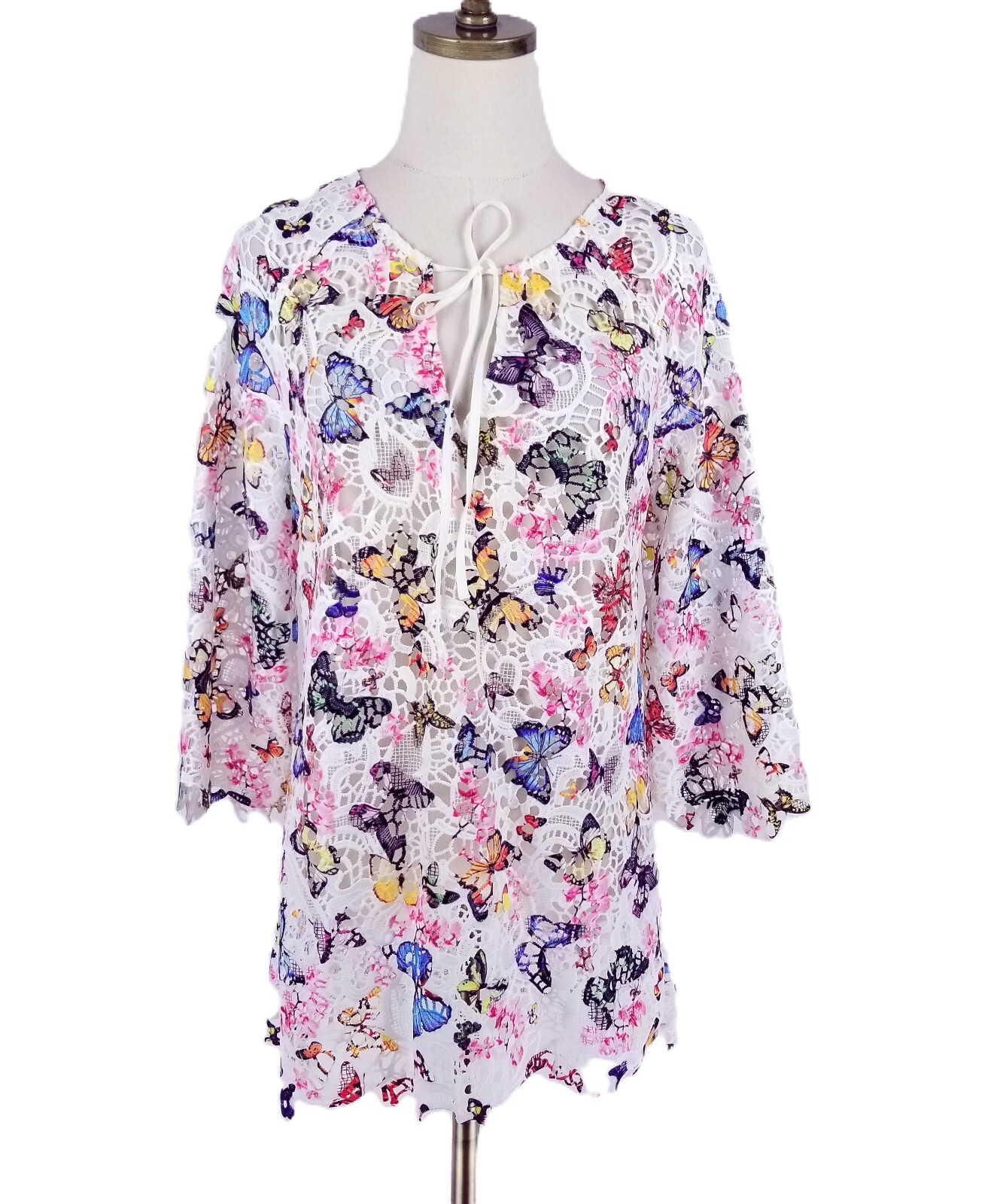 Boston Proper Cover Up Tunic Top Size S White Multicolor Butterflies Crochet