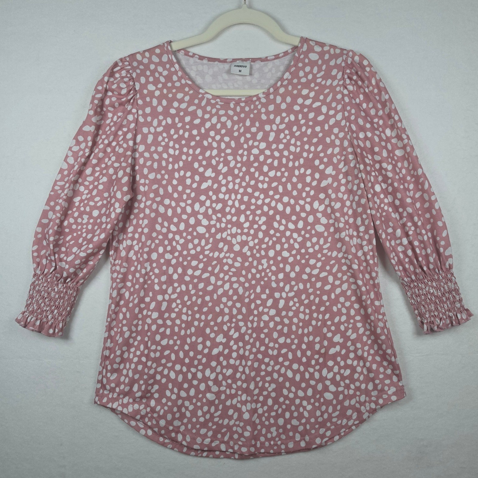 XIEERDUO Polka Dot Blouse Medium Pink White Smocked Cuffs Top