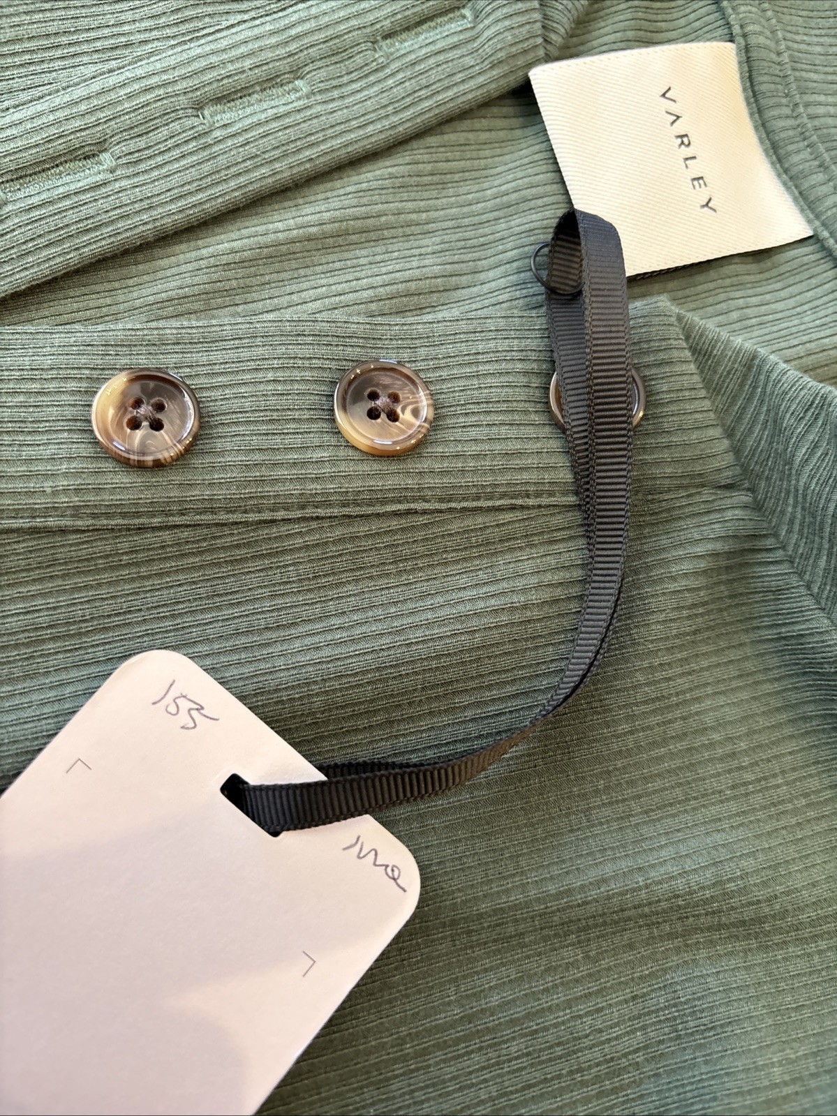 NWT Varley Kasey Mock Placket Rib Tee, Size S Green Color Ribbed Buttons