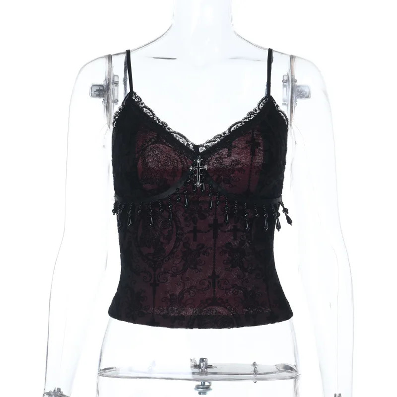 Gothic Vintage Flocking Camisole Women Fairycore Grunge Y2K Lace Crop Tops