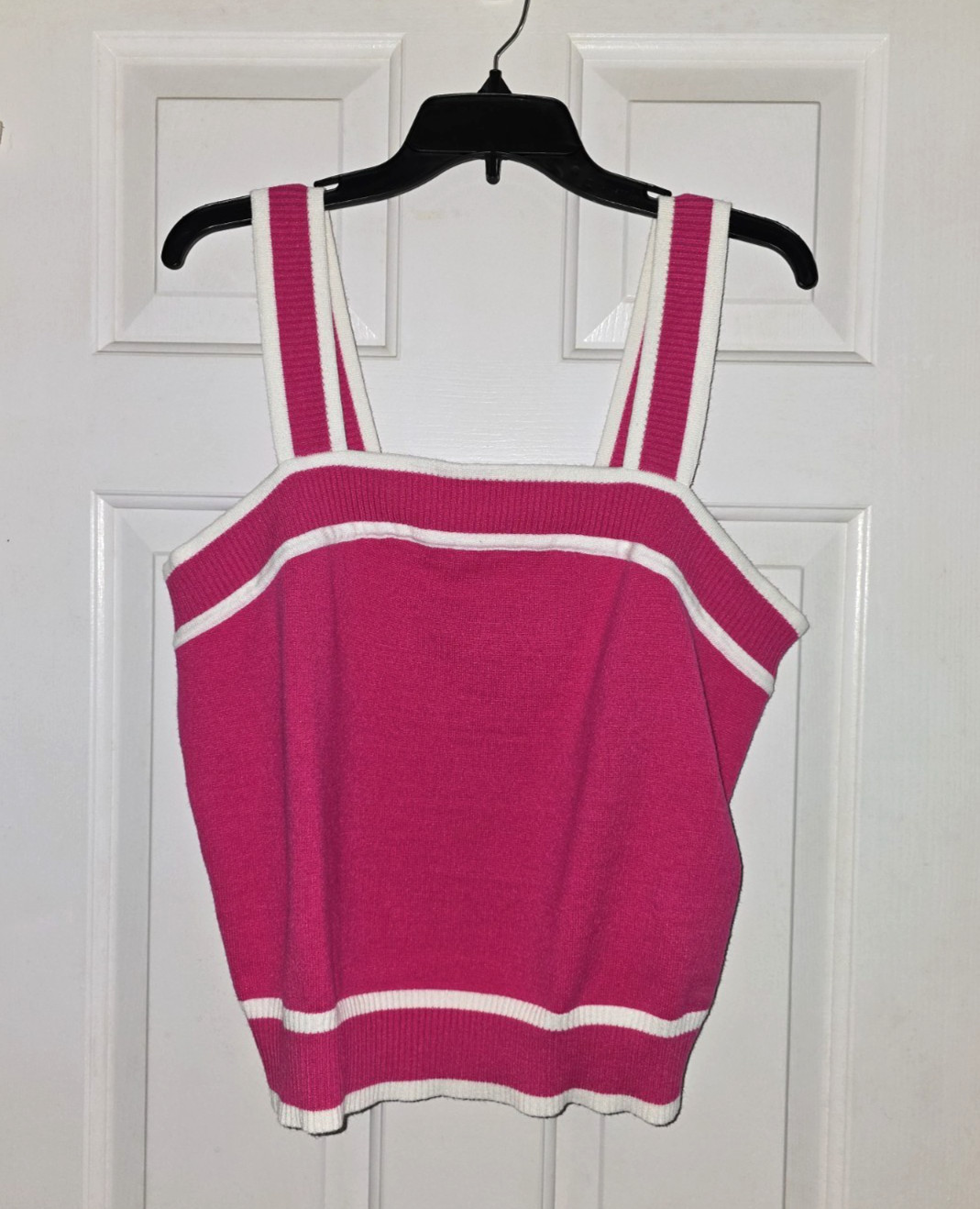 Pink Knit Tank Top Womens 2XL Square Neck Striped Trim Crop Cami Barbiecore Chic