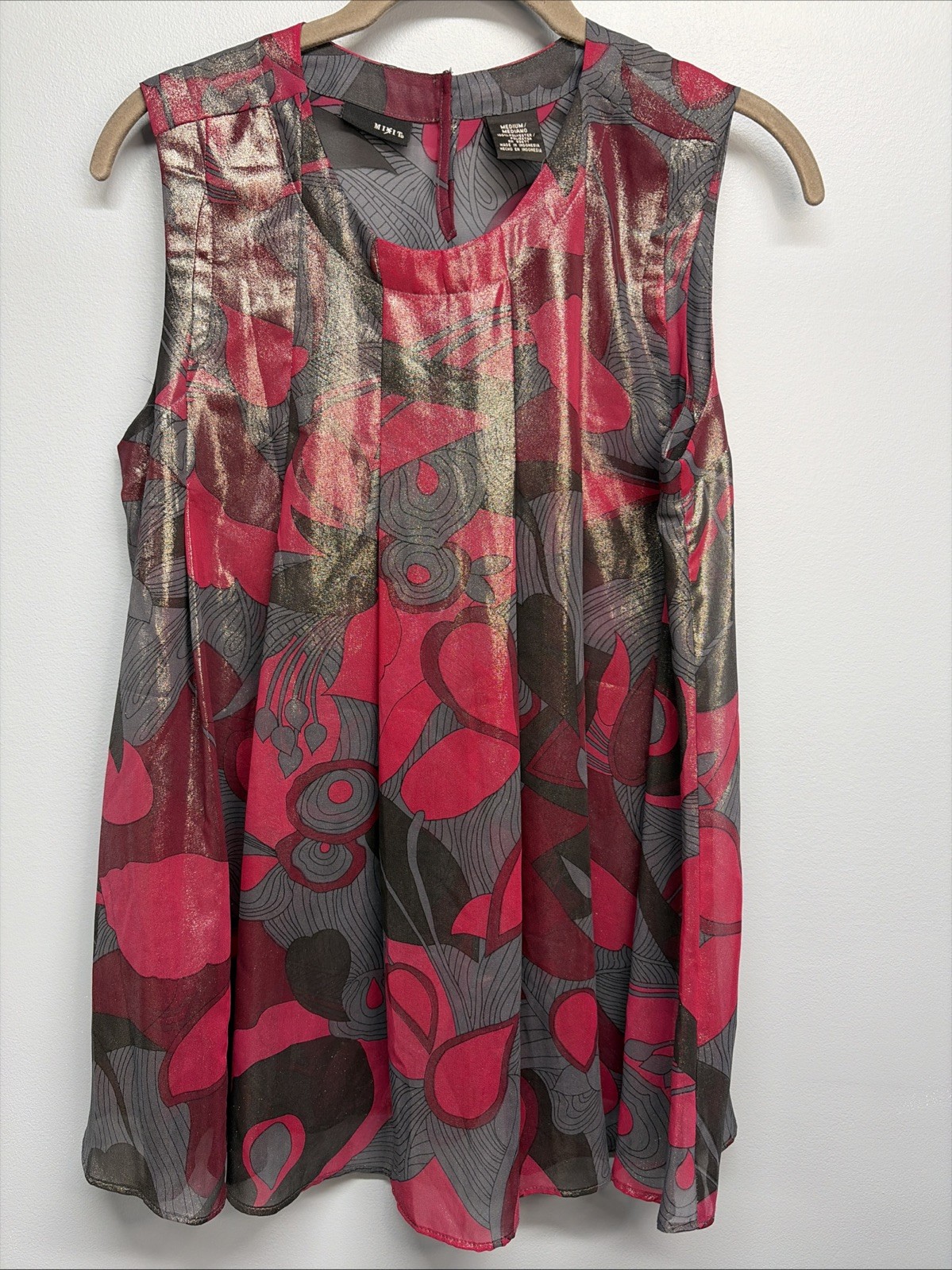 MIXIT Cranapple Gray Sparkle Sheer Babydoll Sleeveless Top – Pleated/Sz Medium