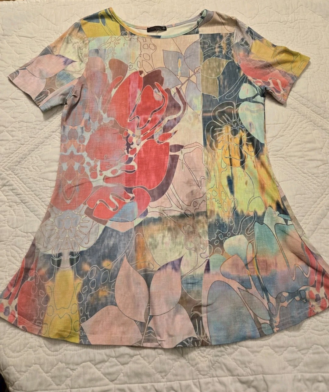 Azalea by Firmiana Women’s XL Top Tunic Art Glass Multicolor Pattern Stretch EUC