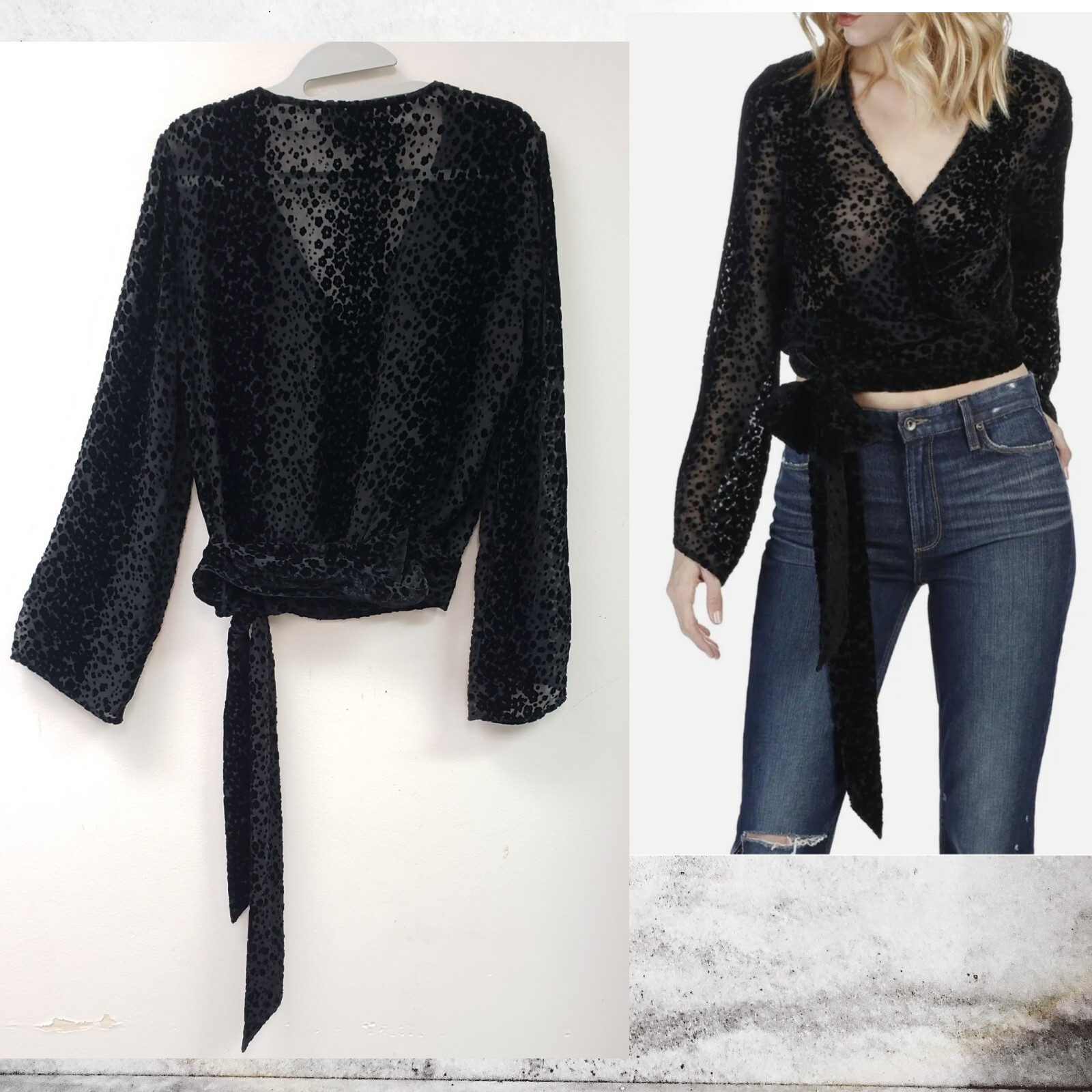 PAIGE Womens Jenna BURNOUT VELVET SILK Wrap BLACK TOP BLOUSE SIZE MEDIUM~M