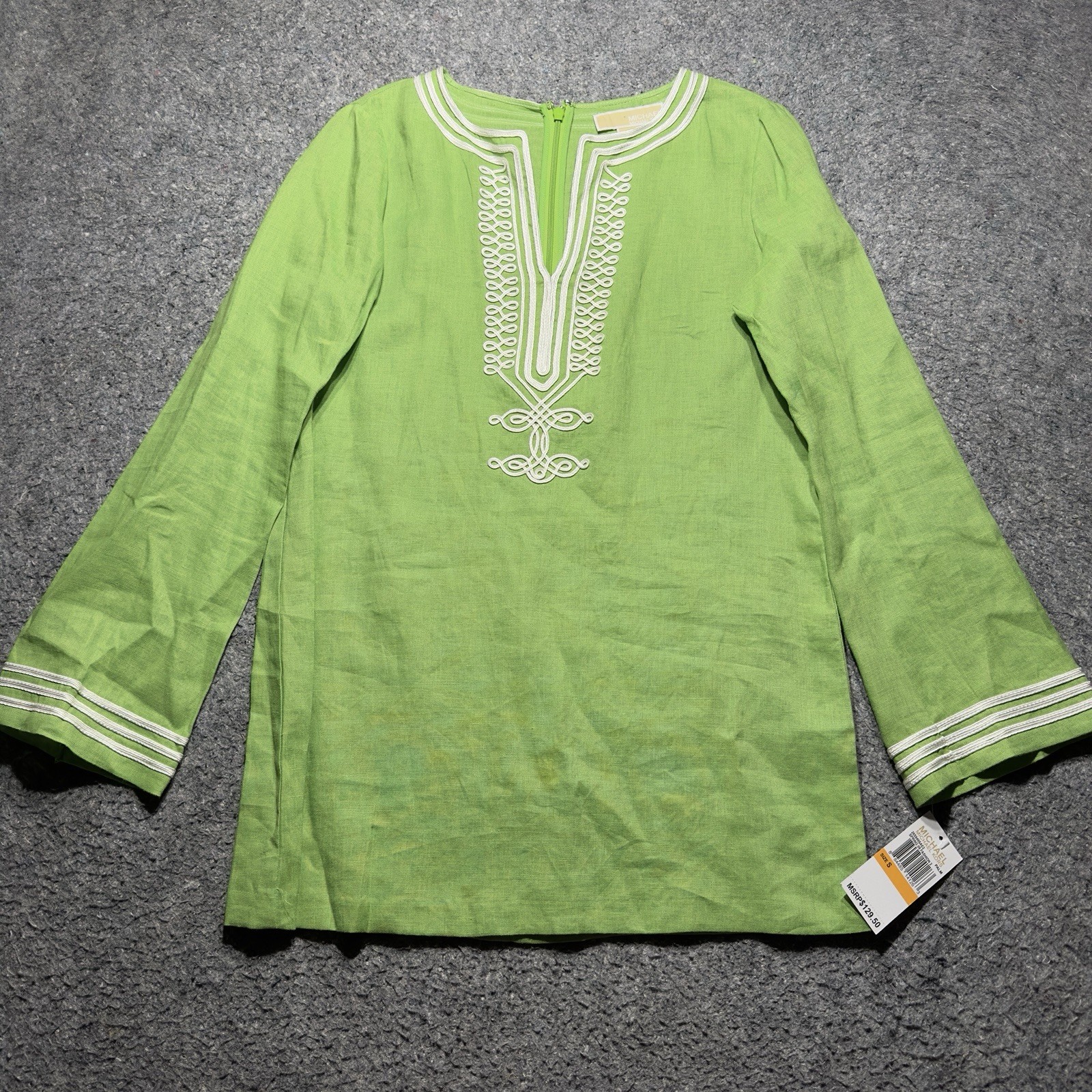 NWT Michael Kors Green Tunic White Embellished Back Zip Long Sleeve 100% Linen