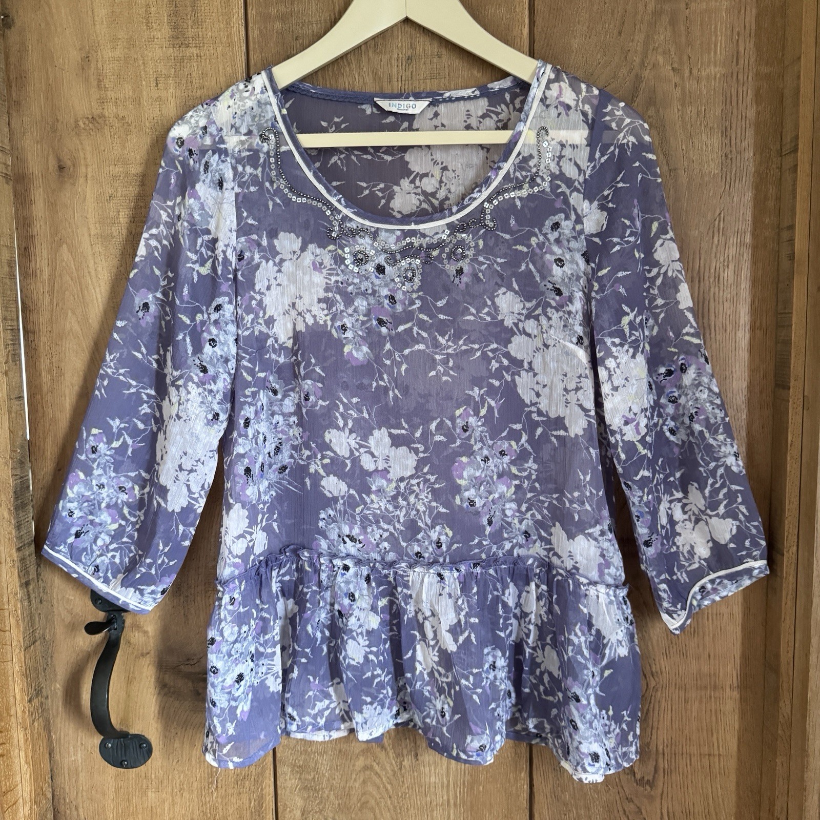 M&S Indigo Sequin Floral Chiffon Blouse Purple Lilac Peplum Flowy Boho Party
