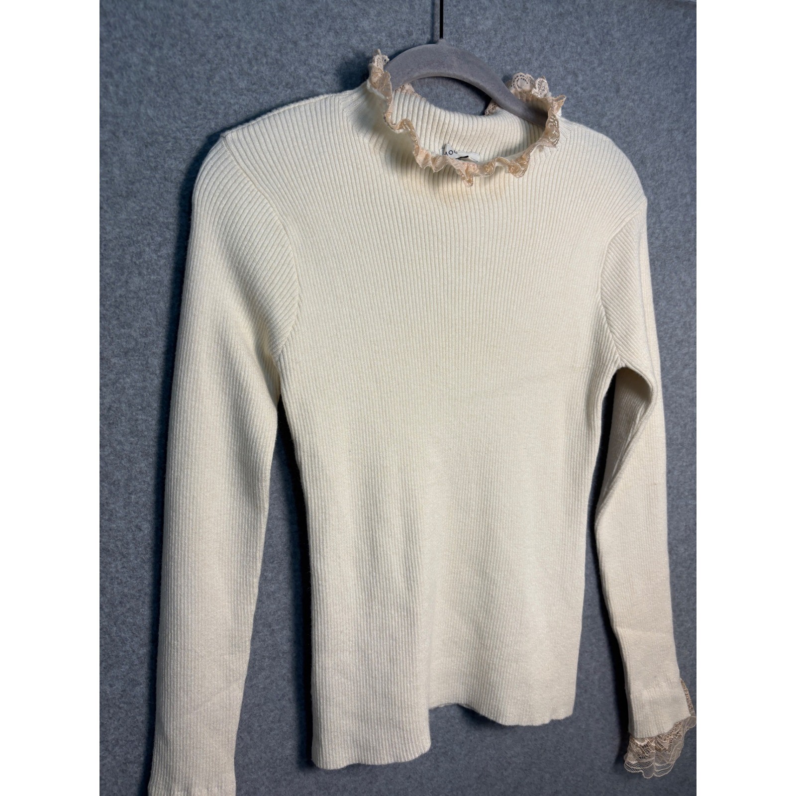 Moon River Lace Trim Rib Knit Sweater Top M Ivory Mock Neck Romantic Coquette