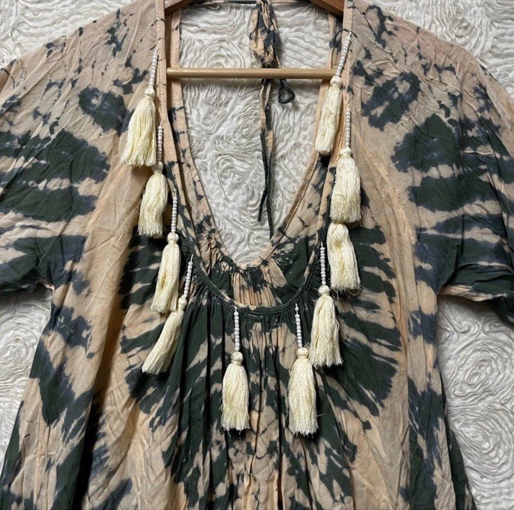 Lani Lau Hawaiian Fringe Tie Dye Resortwear Tunic Top OS