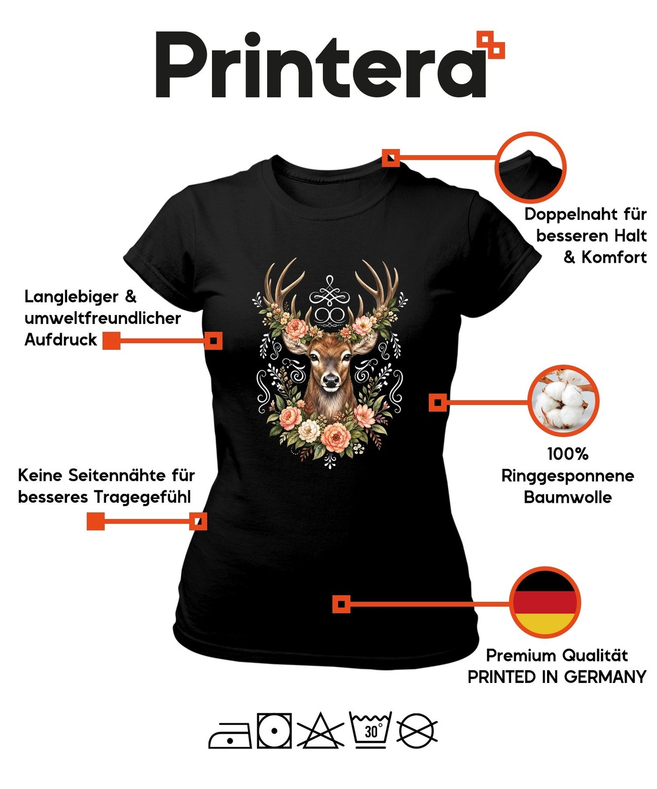 Elegant Deer Floral Wreath Antler Forest Boho Natural Leather Pants Deer Women T-Shirt