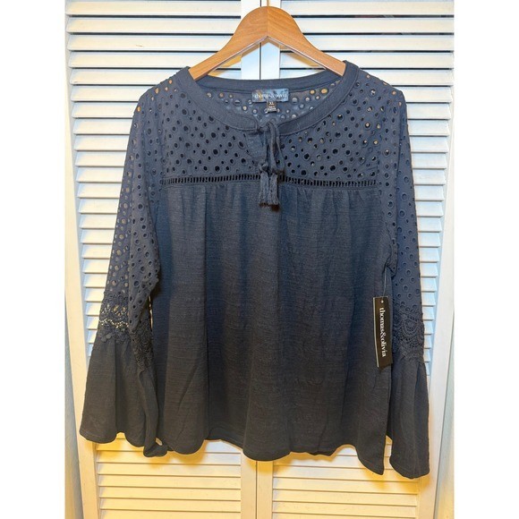 Thomas & Olivia Black Eyelet Lace Bell Sleeve Boho Peasant Blouse XL