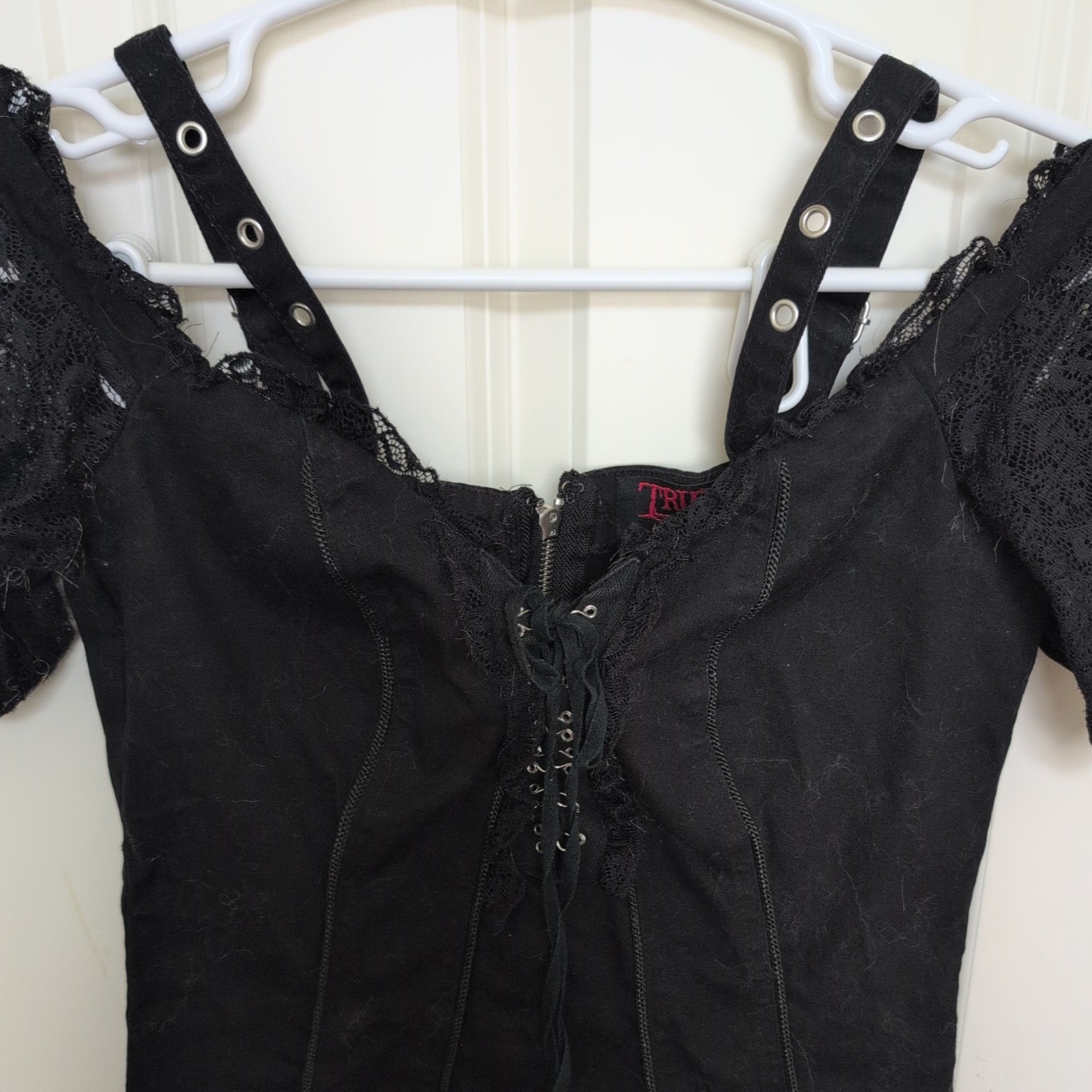 Vintage Tripp NYC Black Corset Top M Grunge Y2K Emo Lace ruffle cap sleeves