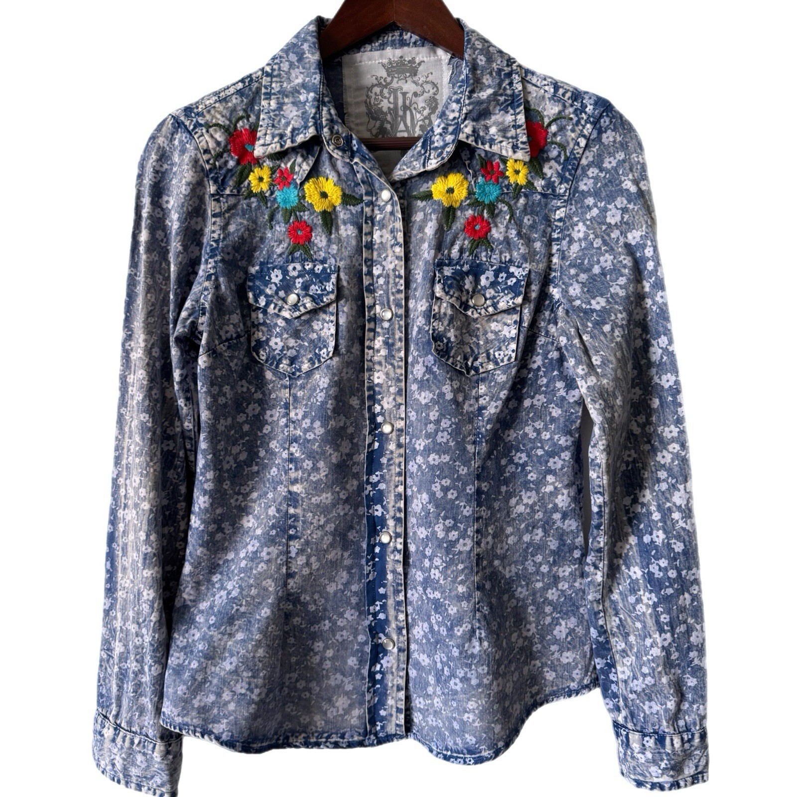 JAK Western Shirt Floral Embroidery Pearl Snap Sz L
