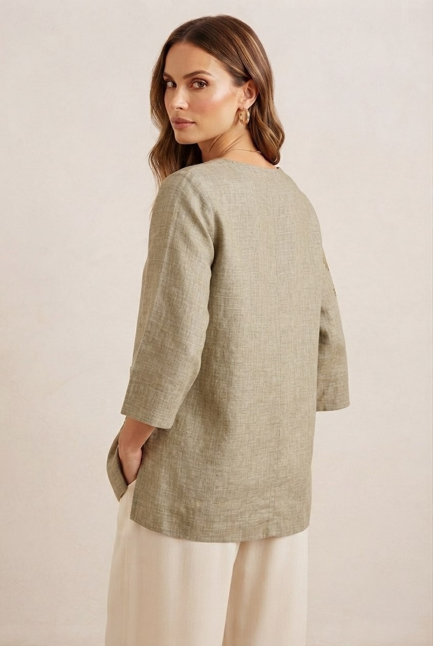 Women Olive Green Linen Cotton Embroidered Top 3/4 Sleeve Floral Tunic
