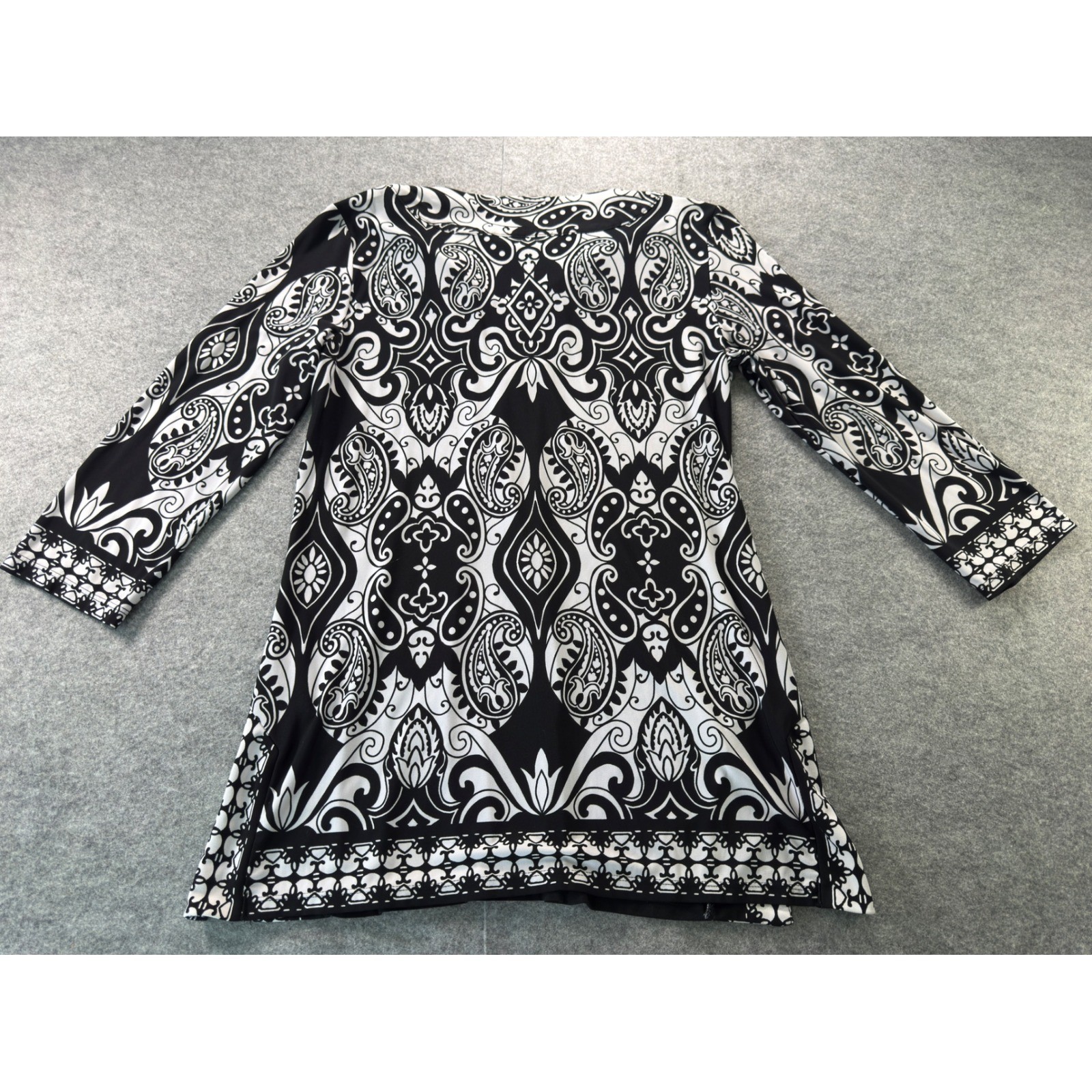 JM Collection Tunic Top Women Size S Black White Paisley V-Neck 3/4 Sleeve Boho