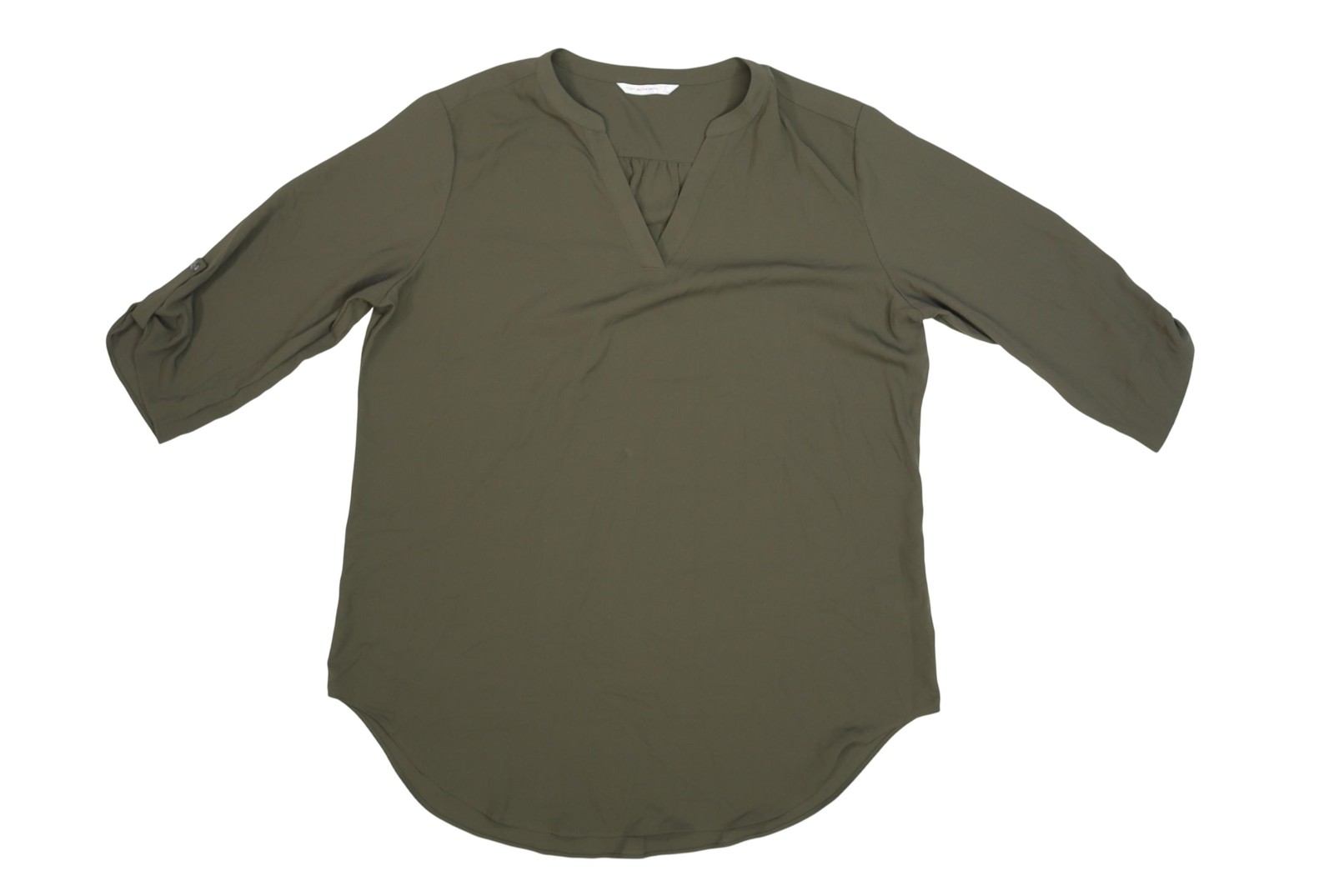 Port Authority Blouse Womens Large Green V Neck 3/4 Roll Tab Sleeve Tunic Top