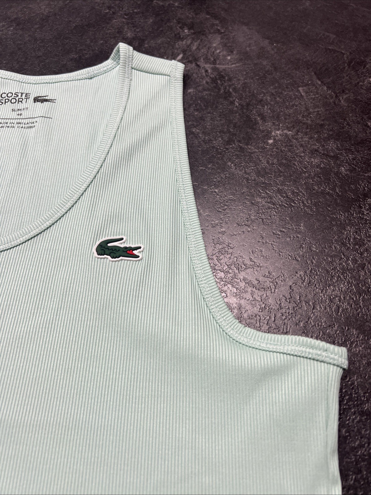 Lacoste Tank Top Women US Slim Fit EU 40 Green Ribbed Cotton Modal Stretch Logo