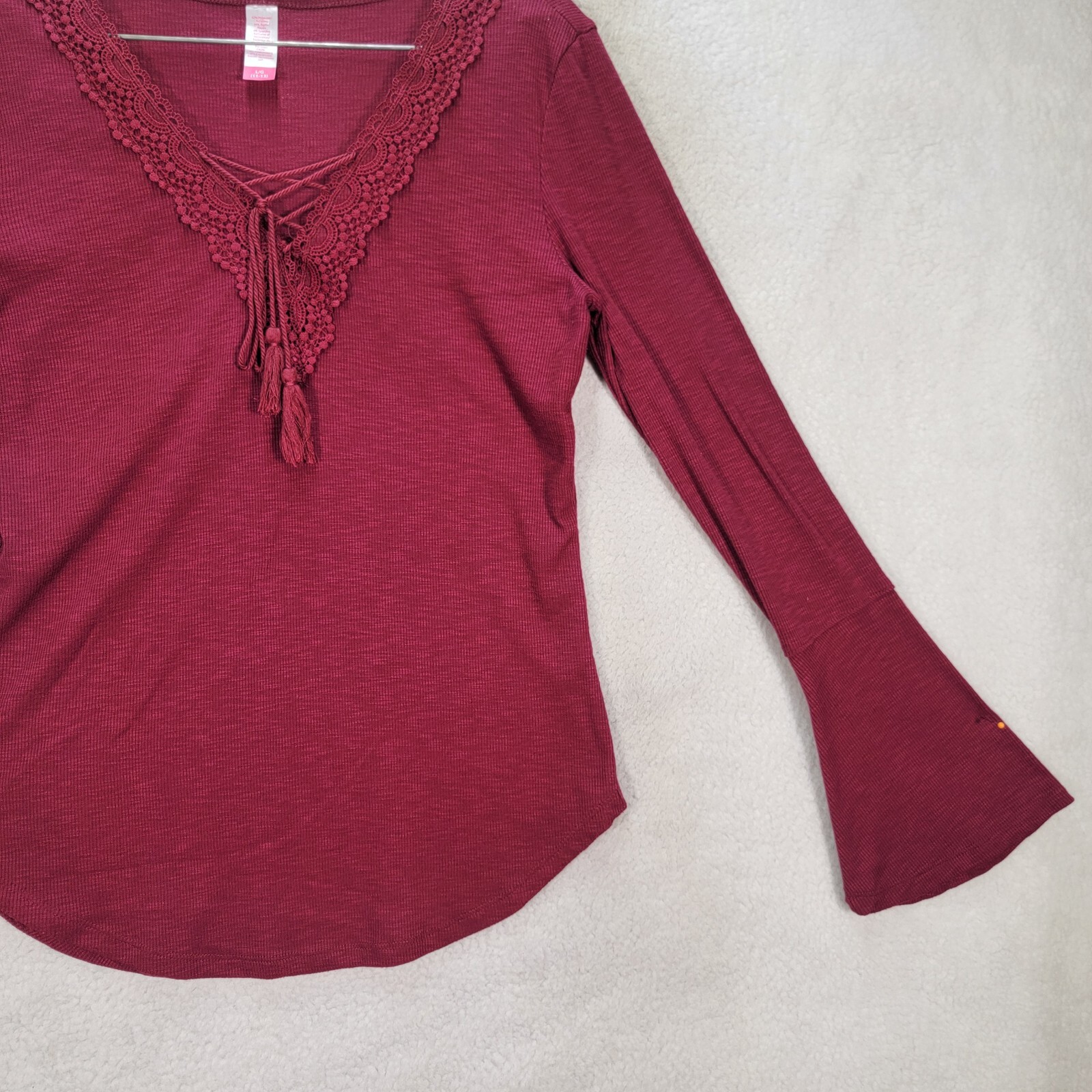 Burgundy Knit Womens Top Stretch Tassel V Neck Flare Sleeve Casual Blouse Size L