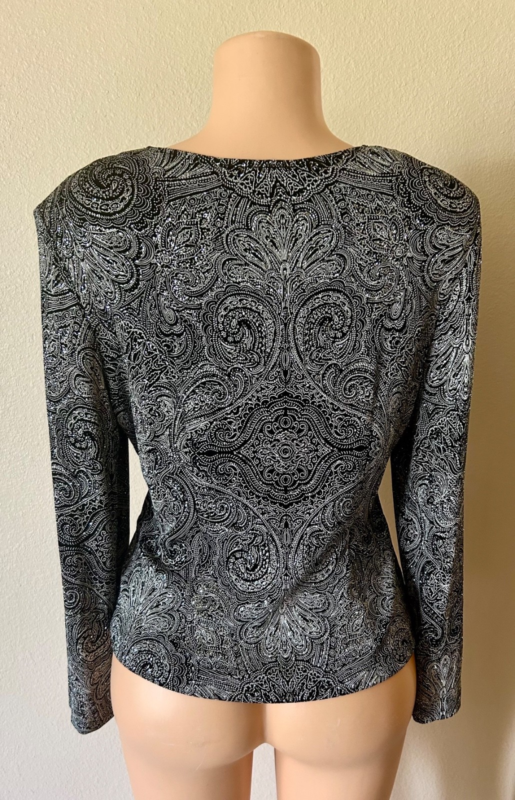 Alex Evenings Black/Silver-Metallic Twisted-not Design Wedding Blouse Top L