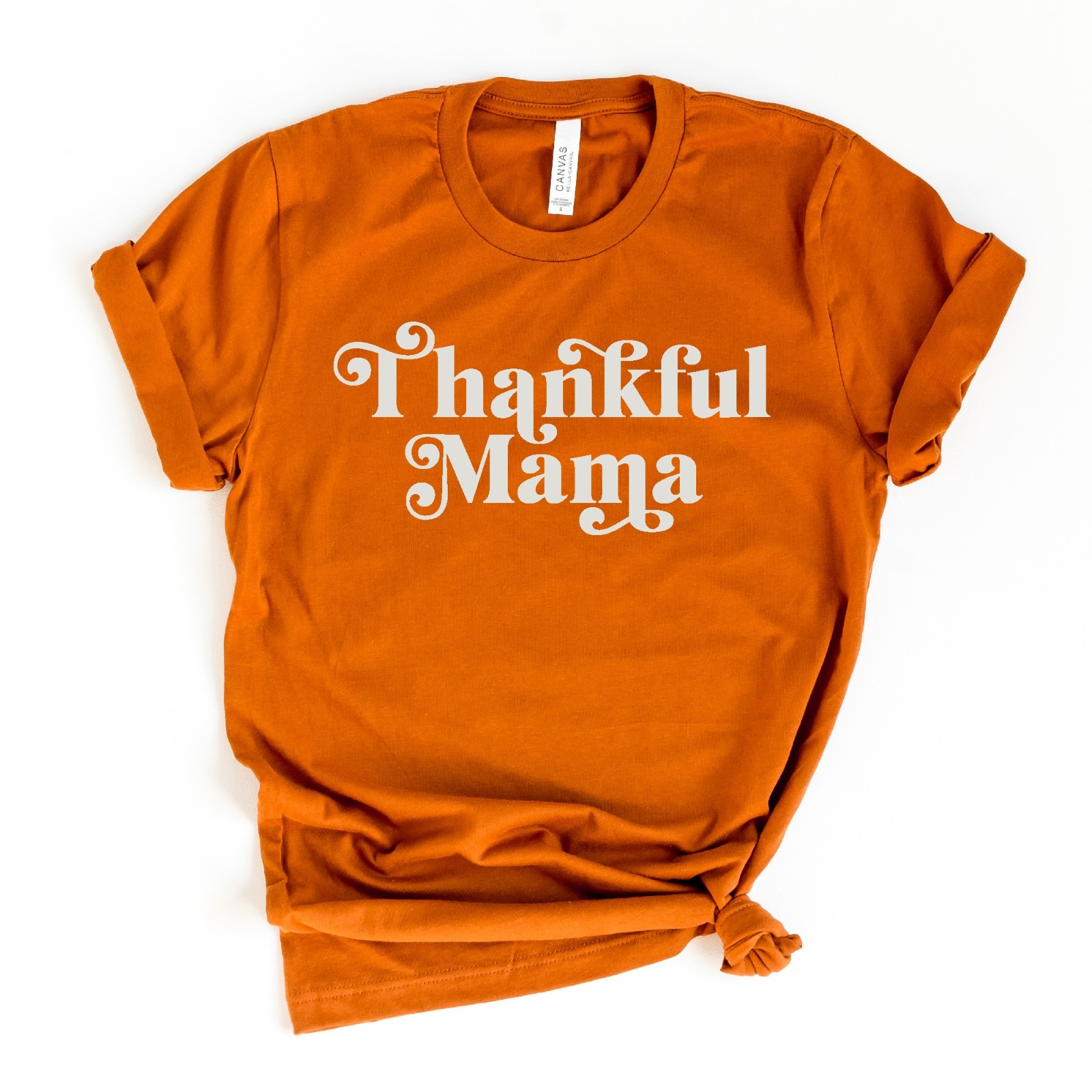 Thankful Mama Tshirt, Women’s Thanksgiving Graphic Tee, Orange Short Sleeve