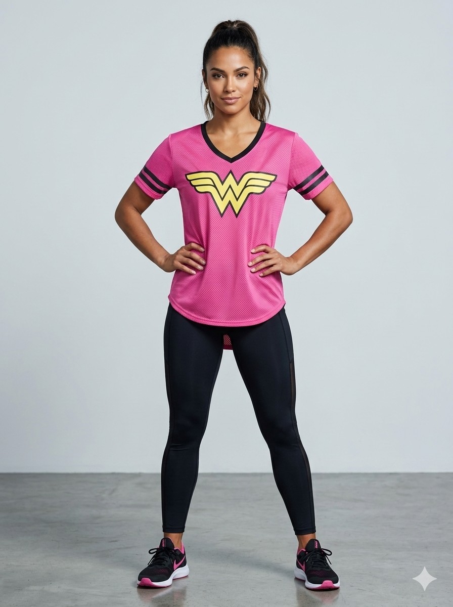 DC Comics Wonder Woman Pink Mesh Jersey T-Shirt V-Neck Athletic Top Size 2XL