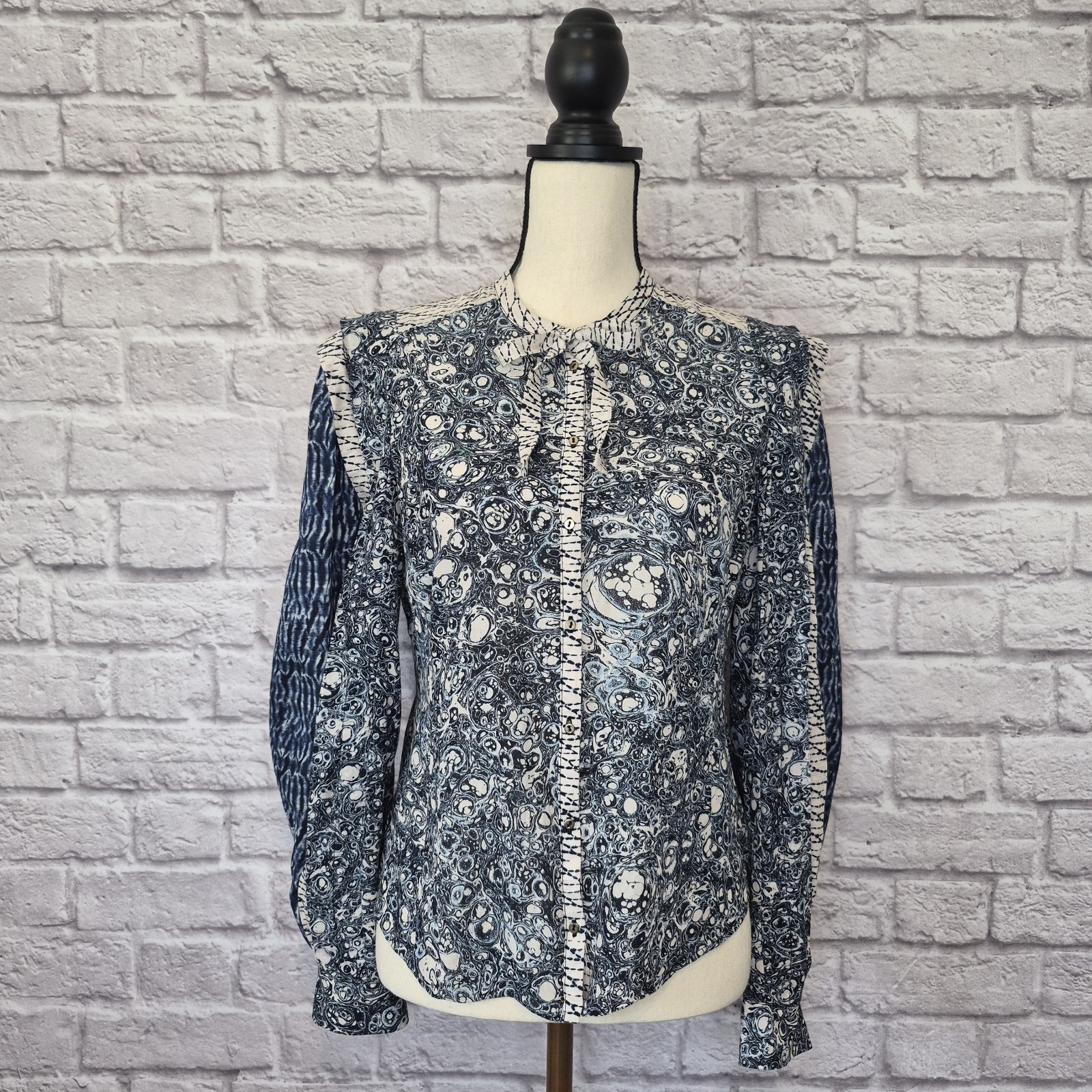 Ulla Johnson Nara Top Patchwork Indigo Blue Cream Print Button Front Size 6