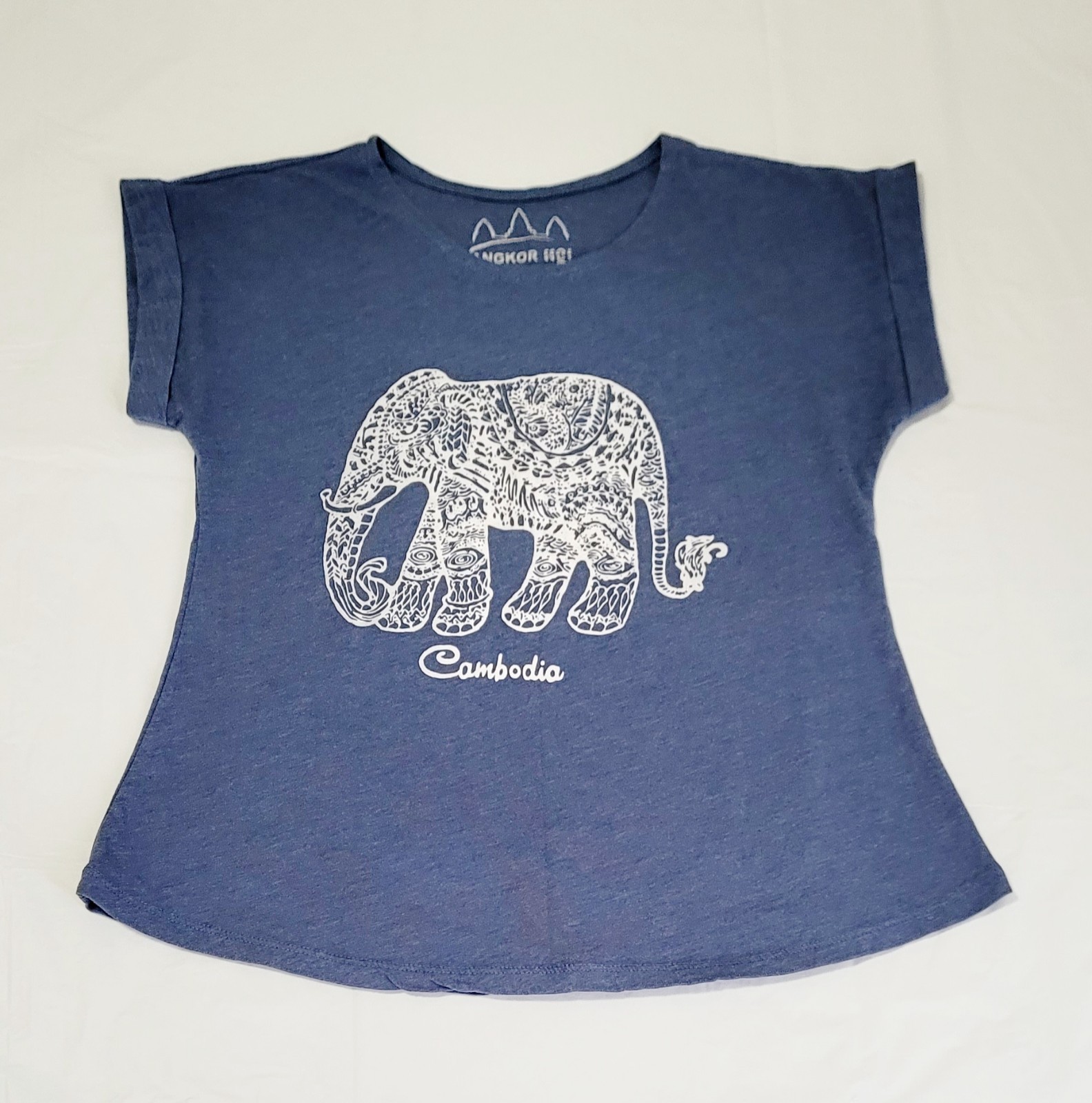Angkor Women’s Top T-Shirt Size S Cambodia Elephant Blue Short Sleeves Cotton