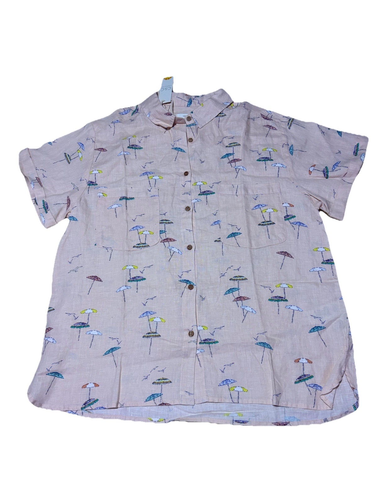 C&C California 100% Linen Button Up Shirt Pink Umbrella Seagulls Print Womens M