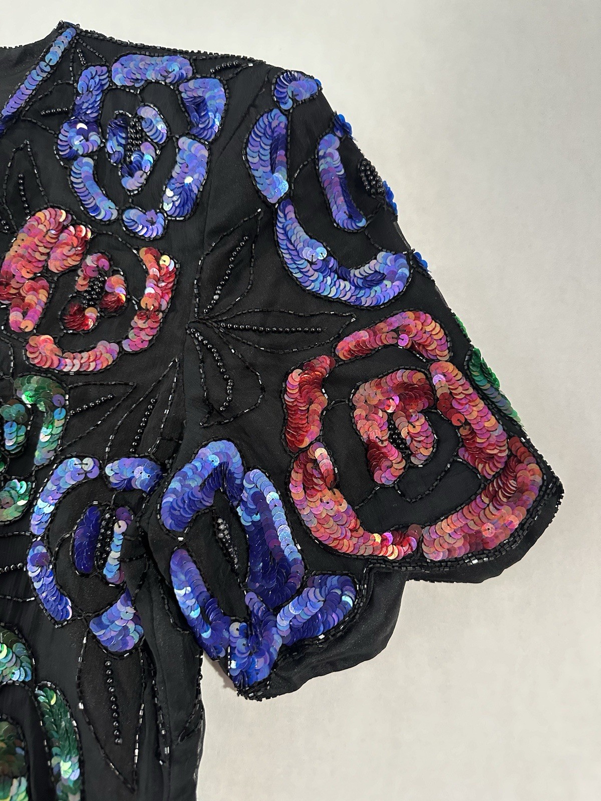 Vintage Stenay Sequins & Beaded Flower Shirt 100% Silk XL
