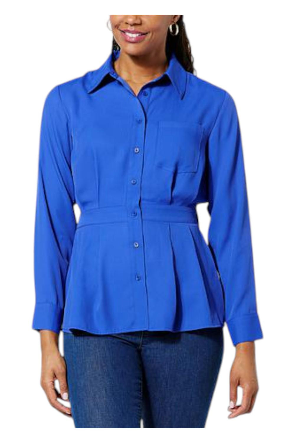 DG2 by Diane Gilman Women’s Woven Crepe Button-Up Peplum Top Blue