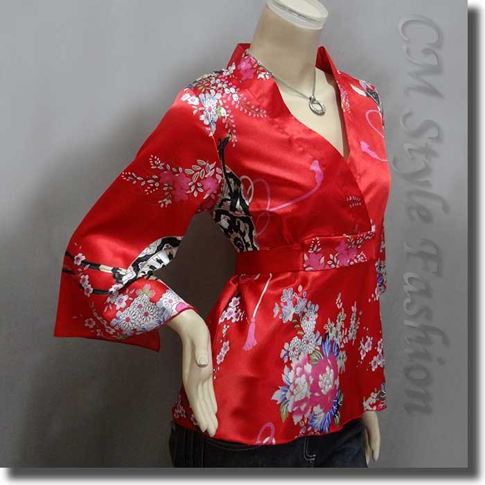 Japanese Kimono Silky Satin Blouse Top Red S/M/L/XL/2XL/3XL