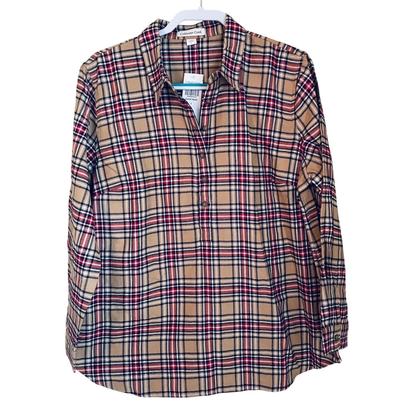 Coldwater Creek Size L Camel Nova Plaid Henley Tunic Shirt Quiet Luxury