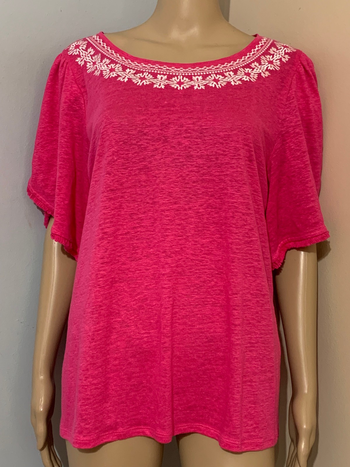 CHICOS 2 (L,12) Hot Pink Slub Linen Knit Embroidered BLOUSE Elbow Tulip Slv NEW