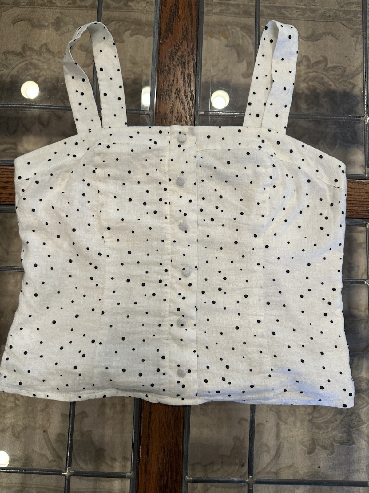 Gianni Bini White Linen Top With Navy Polka Dots And False Button Front Size 4
