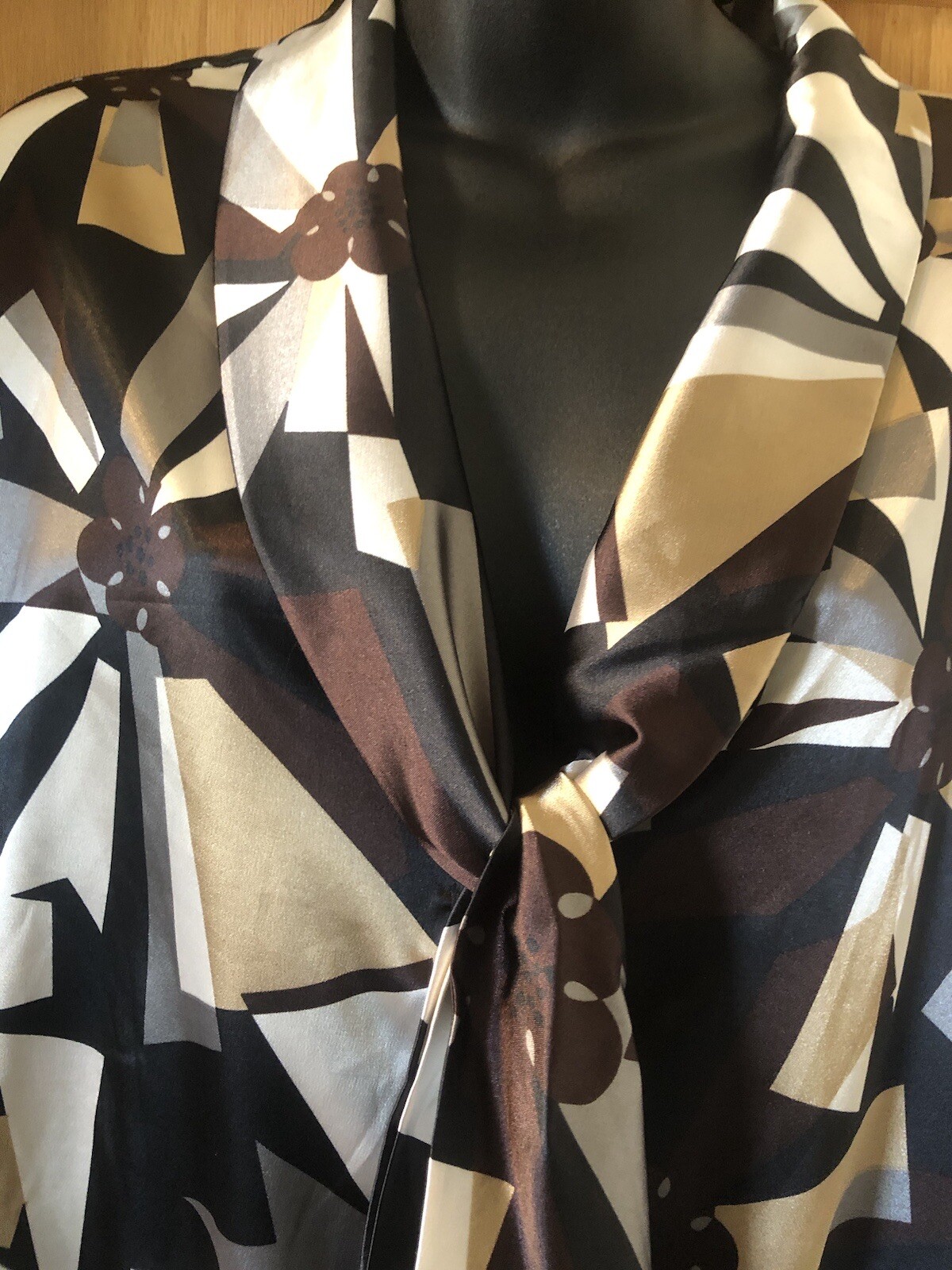 Apostrophe Tie Satiny Blouse Button Up Geometric Print Multi Color Size XL