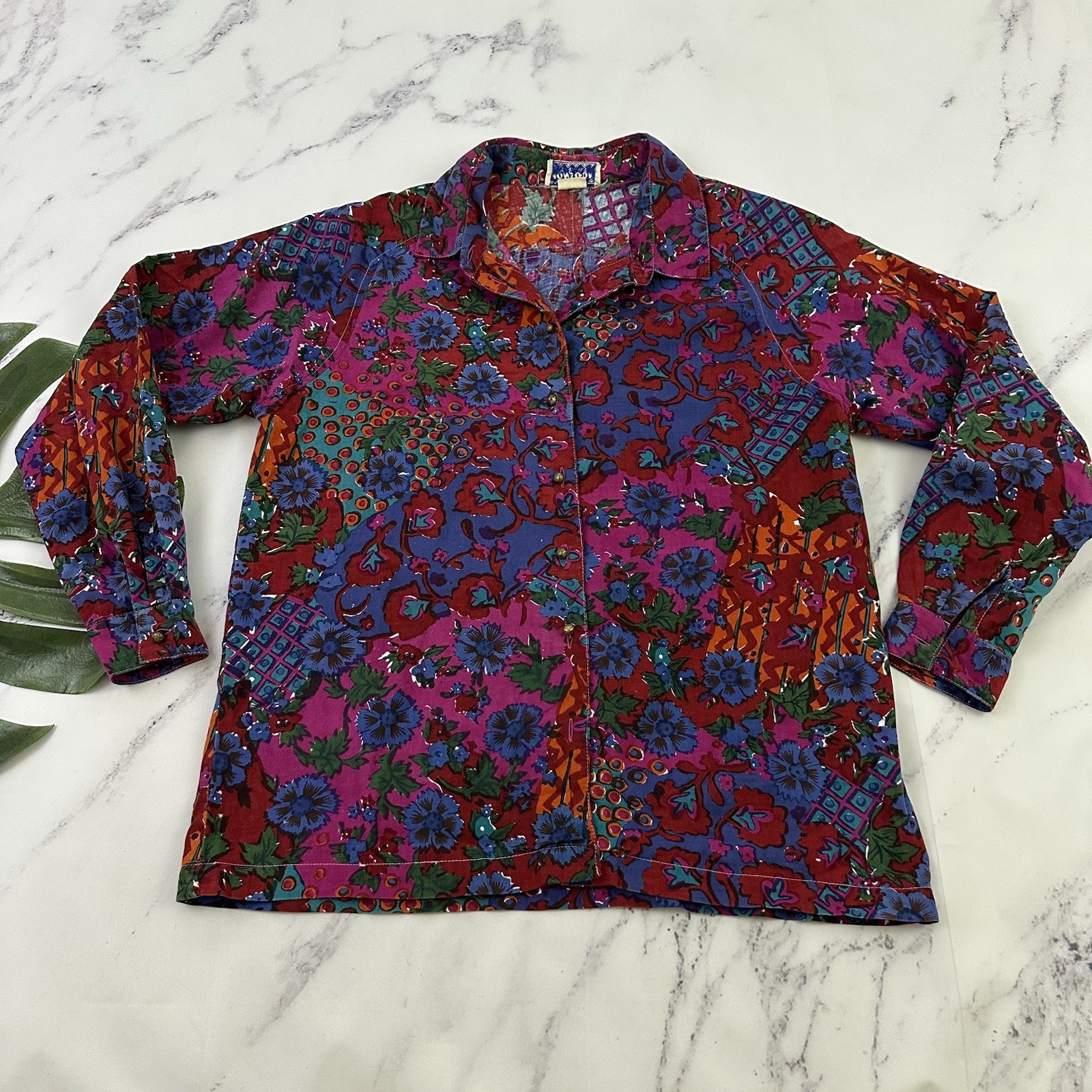 Monsoon Womens Vintage 80s Floral Blouse Top Size 10/12 Red Purple Brass Buttons