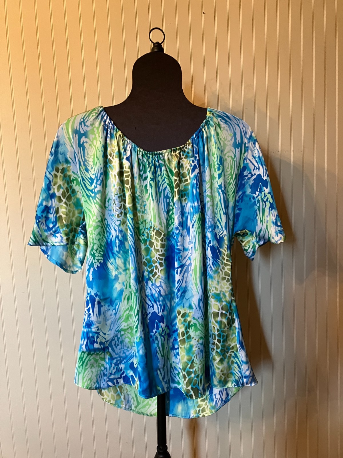 Spense~Artsy Blue/Green Watercolor~S/SLV~Tie Back~Hilo Hem~Lightweight Blouse~XL