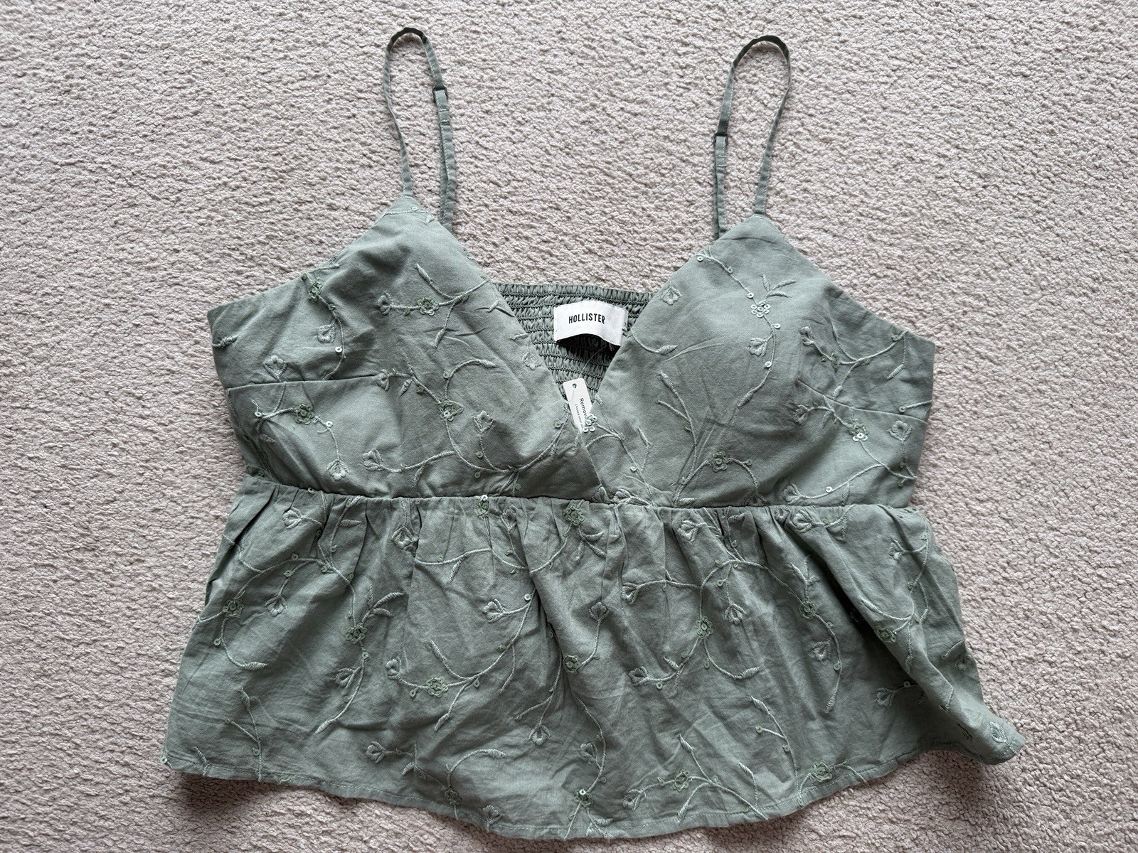 Hollister Tank Top Babydoll Embroidered Cami Smocked Back Floral Sequined Green