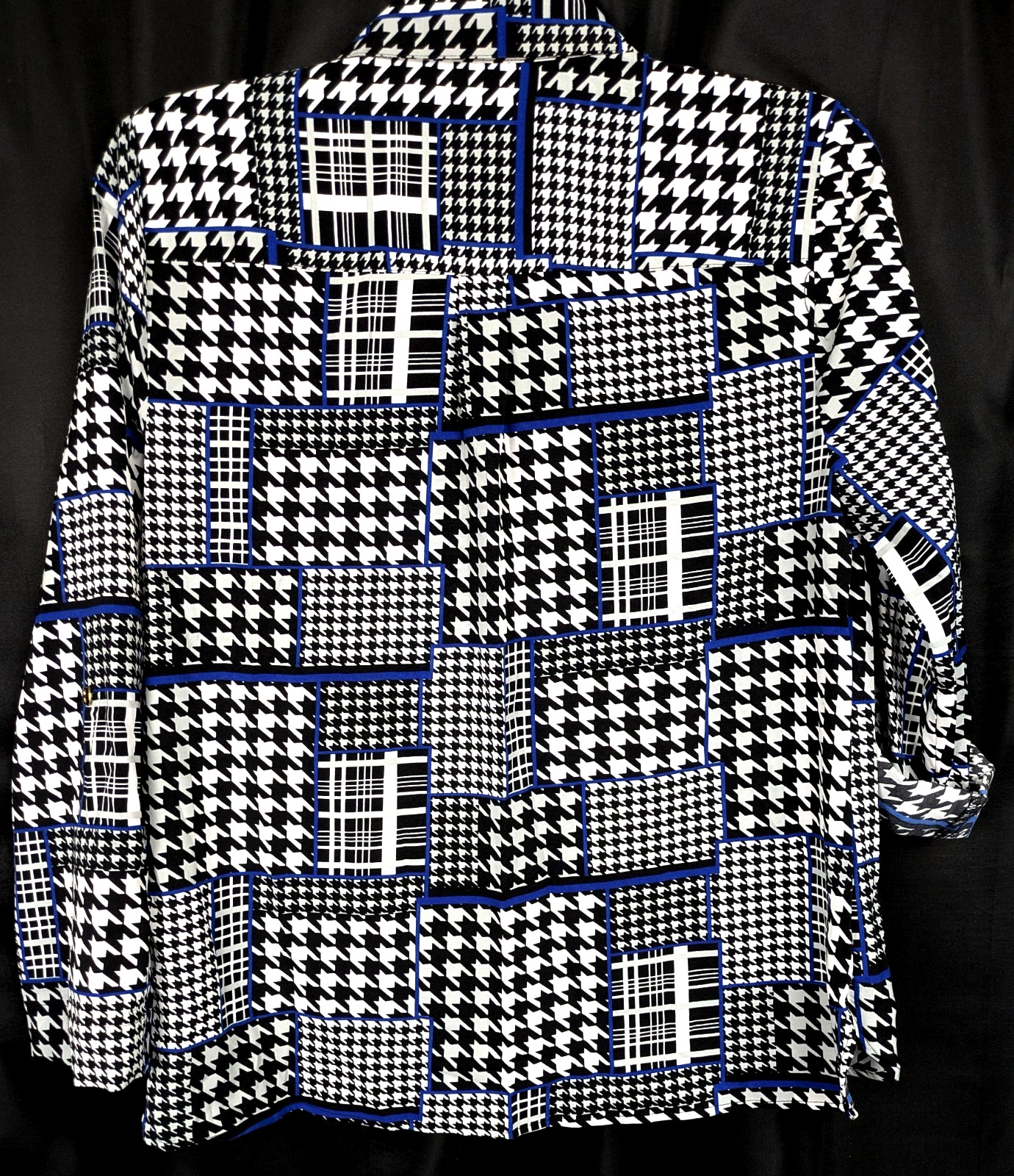 L NOTATIONS HOUNDSTOOTH BUTTON FRONT COLLARED ROLL-TAB SLEEVES TOP BLOUSE SHIRT