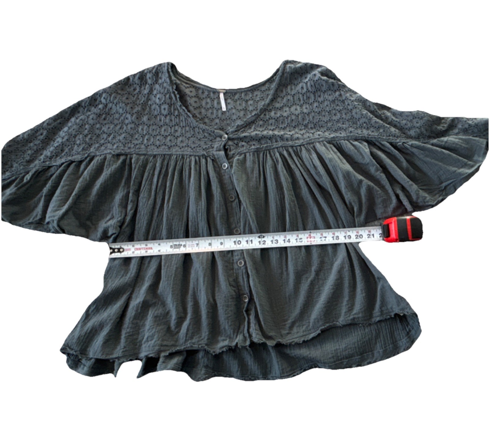 Free People Dark Teal Eyelet Balloon Sleeve Button Front Ruffle Blouse Size Med
