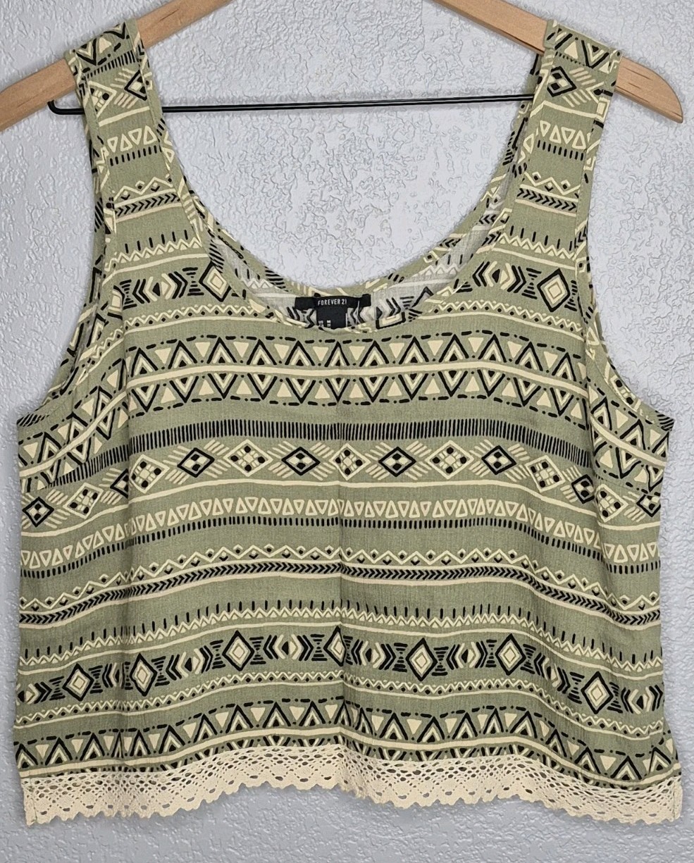 Forever 21 Women’s Medium Aztec Tribal Crop Top Olive Sleeveless Woven Lace Hem