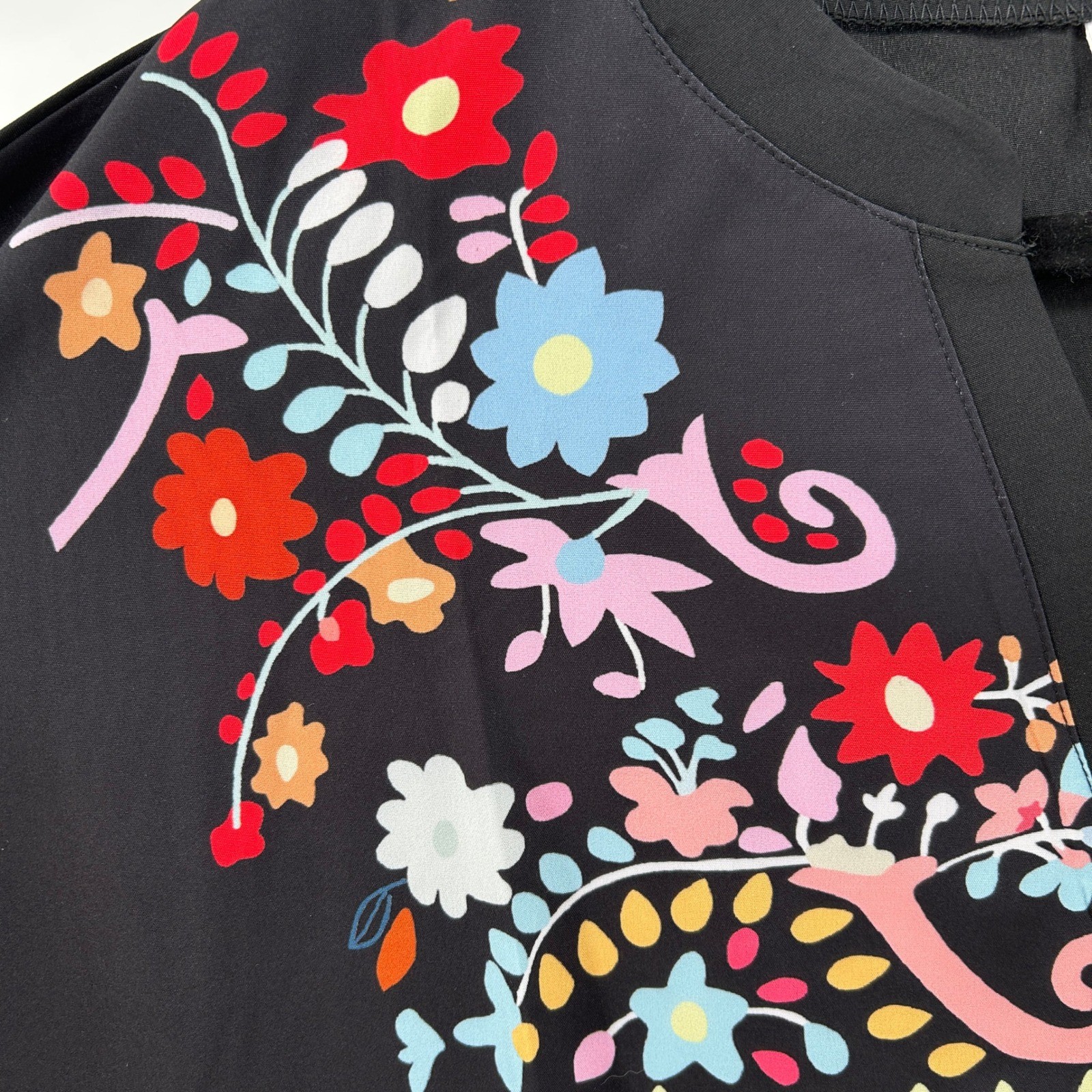 Black Floral Folk Short Sleeve Lightweight Blouse Top L Boho Peasant Festival