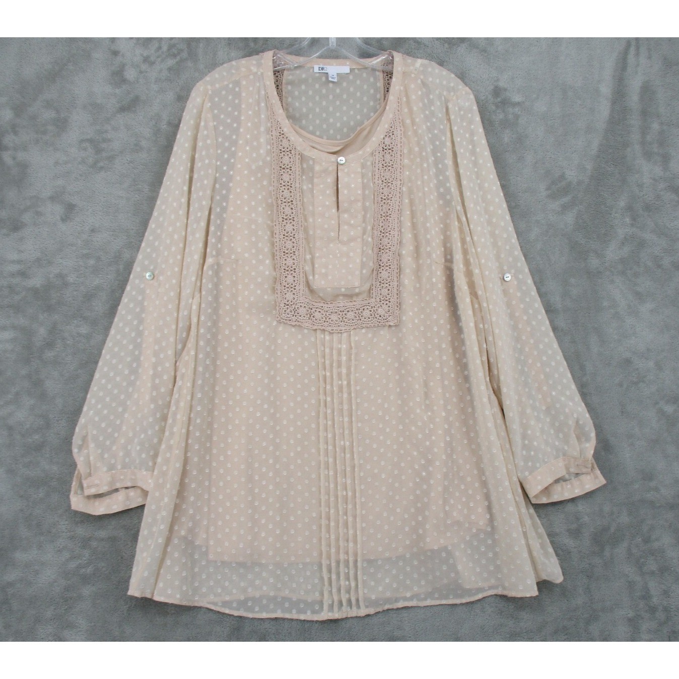 Daniel Rainn DR2 Blouse Womens 1X Polka Dot Lace Coquette Sheer Blush Pink Cami