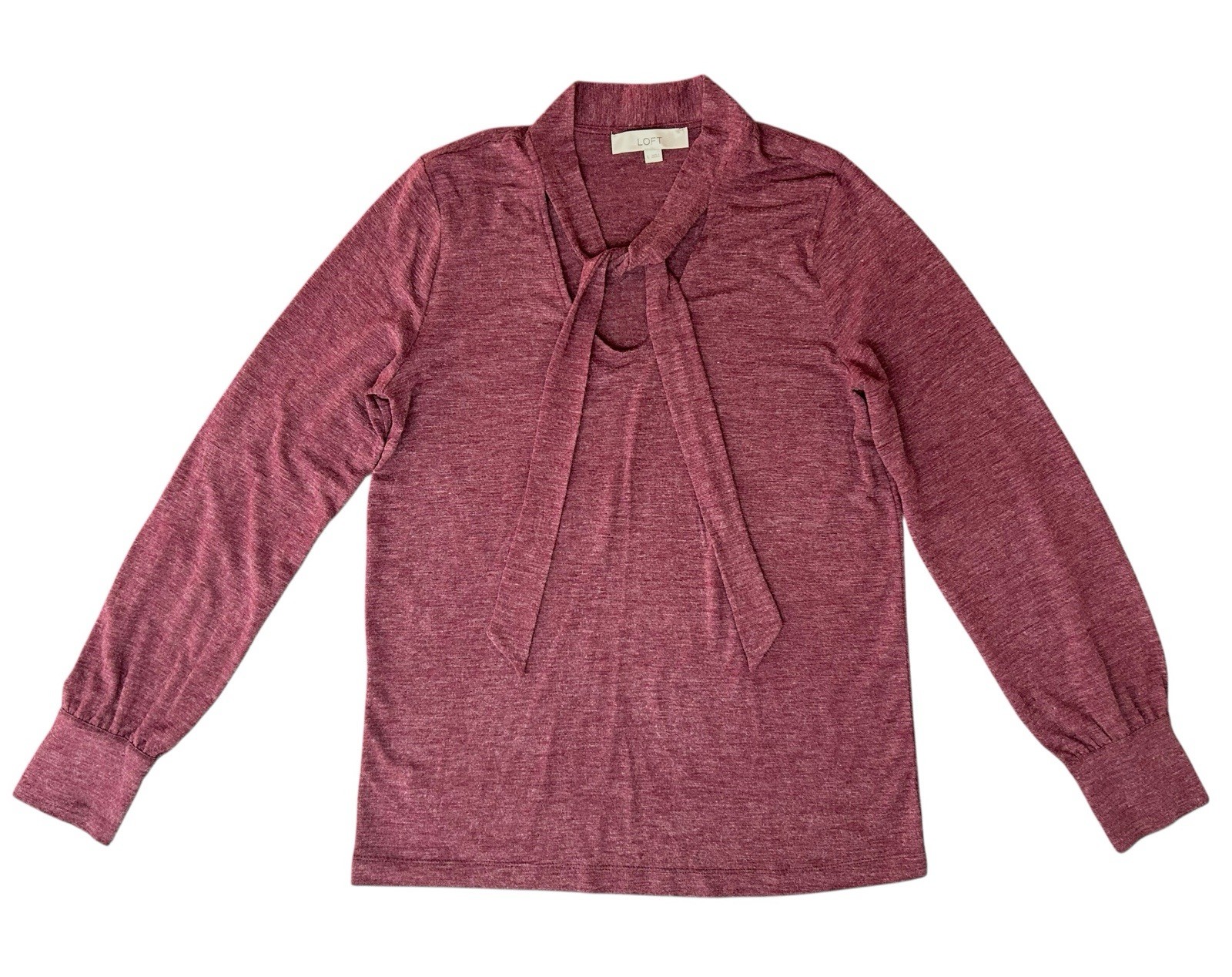 Loft Knit Tie Neck Blouse Top Heathered Plum Wine Large Office Chic Classy