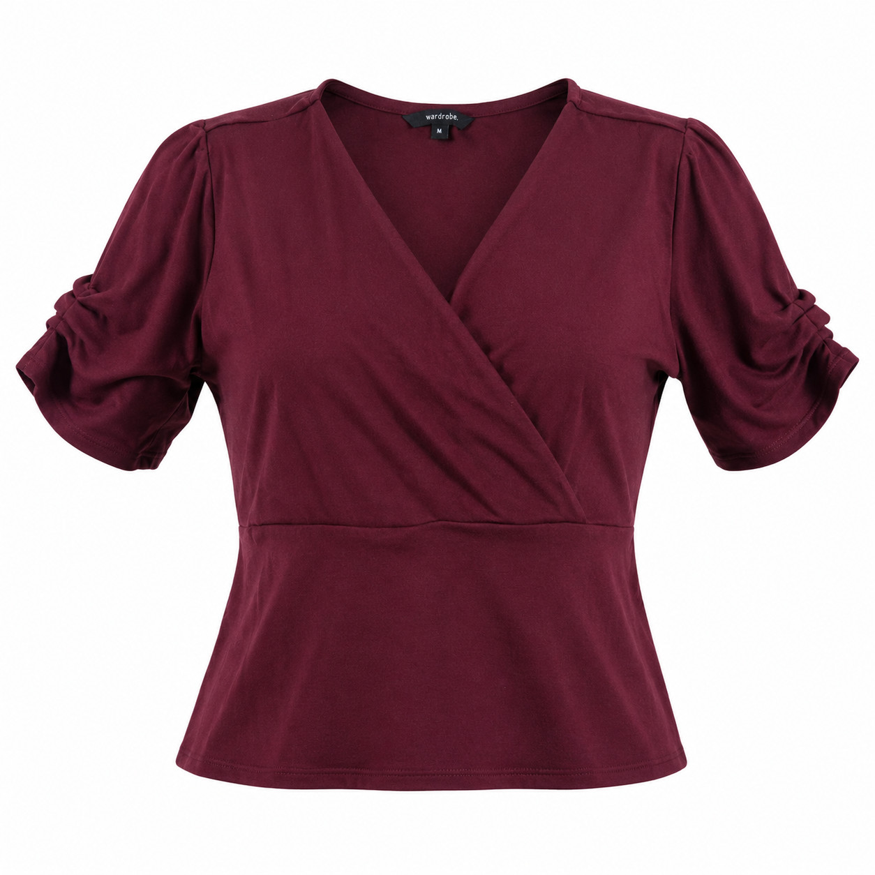 Wardrobe Women’s XL Burgundy Faux Wrap Blouse Ruched Sleeve Stretch V Neck