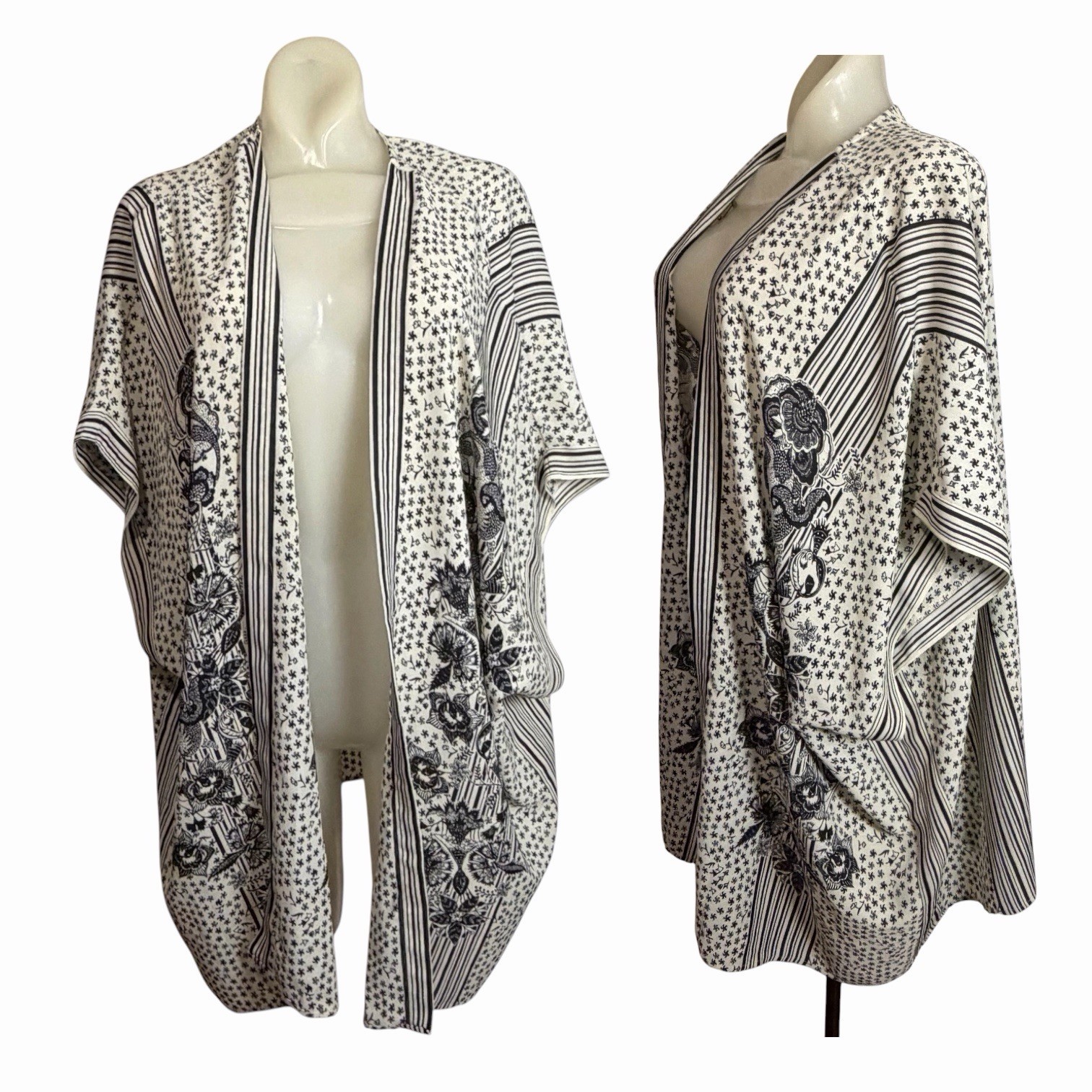 NEW Max Studio London Women’s L Black Cream Open Front Kimono Cover Up Topper